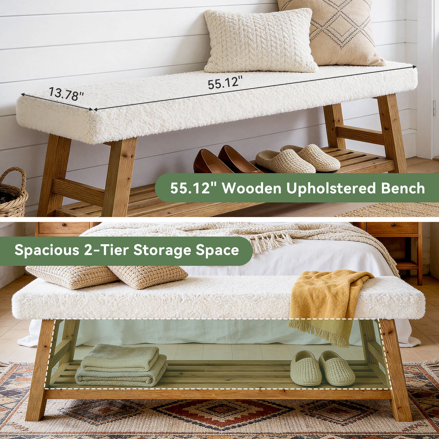 55" Upholstered Dining Bench, 2-Tier Solid Wood Kitchen Table Bench with Cushion - Image 8