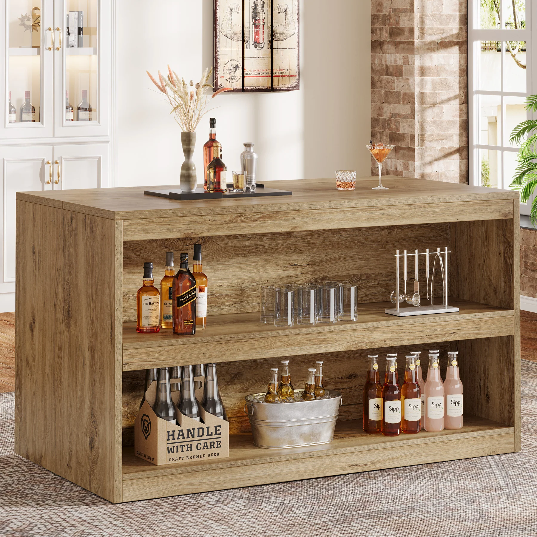 59" Home Bar Table, Rectangular Pub Table Coffee Bar Cabinet with 2-Tier Open Shelves - Image 3