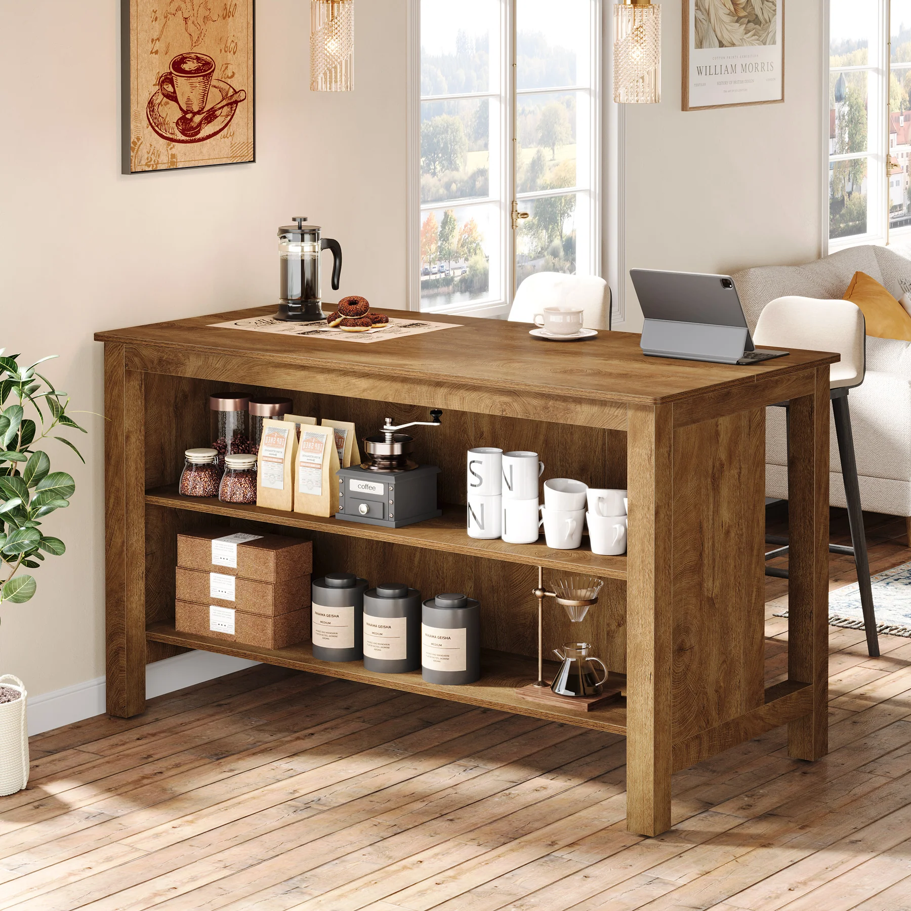 3-Tier Home Bar Table Unit, 59" Counter Height Pub Table with Storage Shelves - Image 11