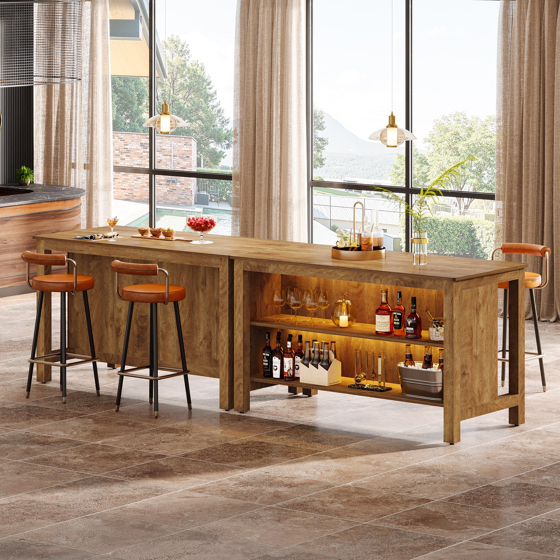 3-Tier Home Bar Table Unit, 59" Counter Height Pub Table with Storage Shelves - Image 12