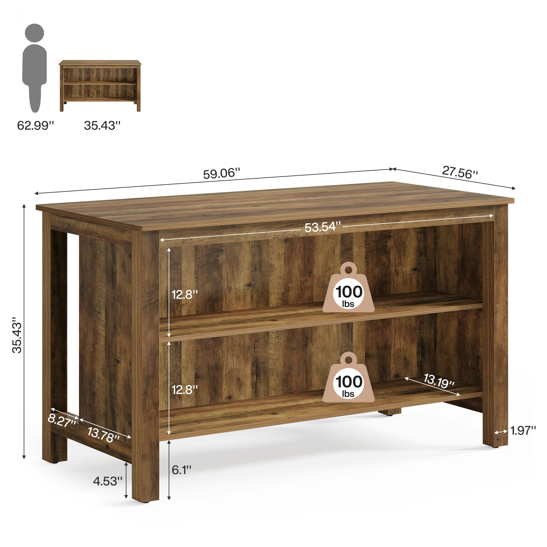 3-Tier Home Bar Table Unit, 59" Counter Height Pub Table with Storage Shelves - Image 2