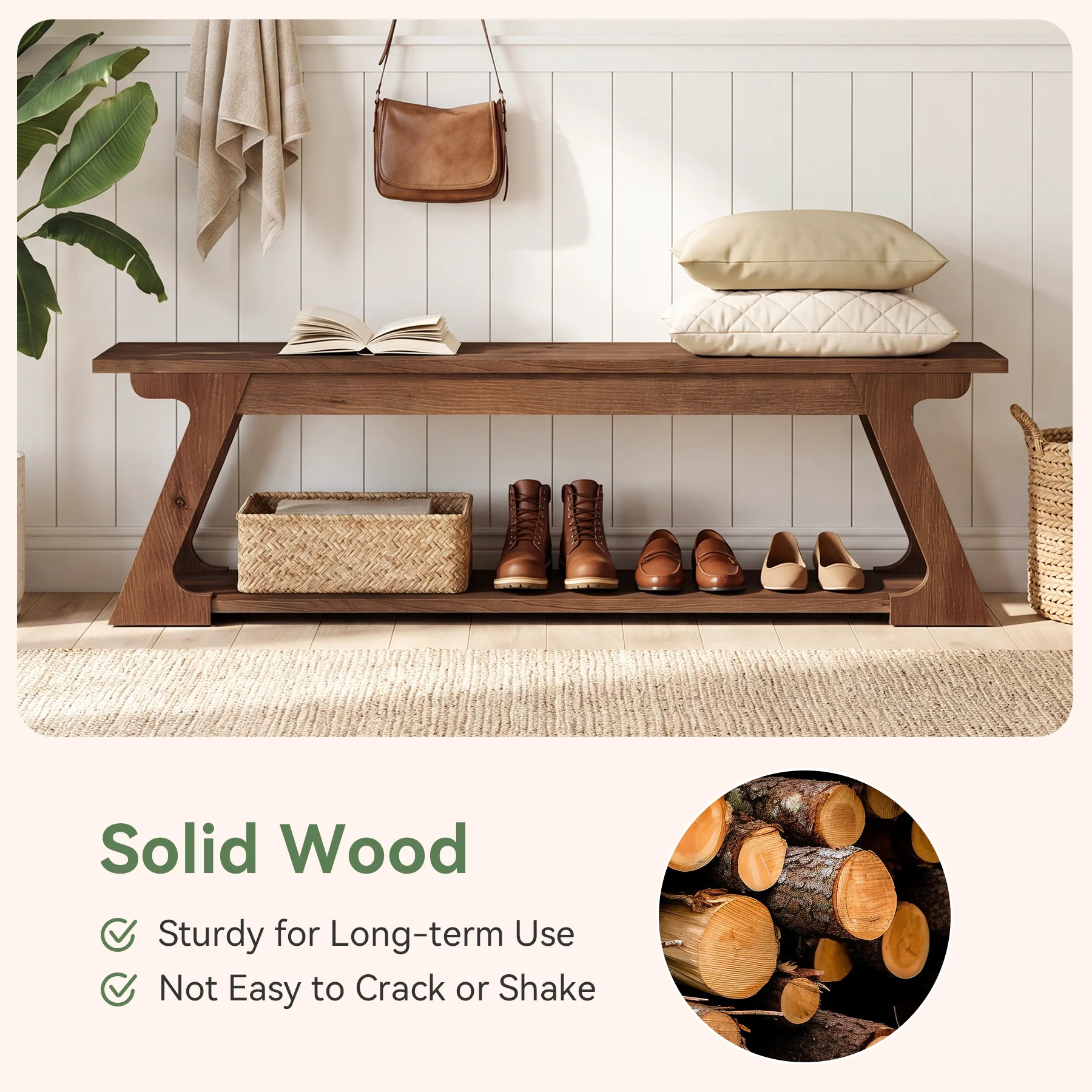 59" Solid Wood Entryway Bench, End of Bed Bench with Trapezoidal-Shaped Leg - Image 6