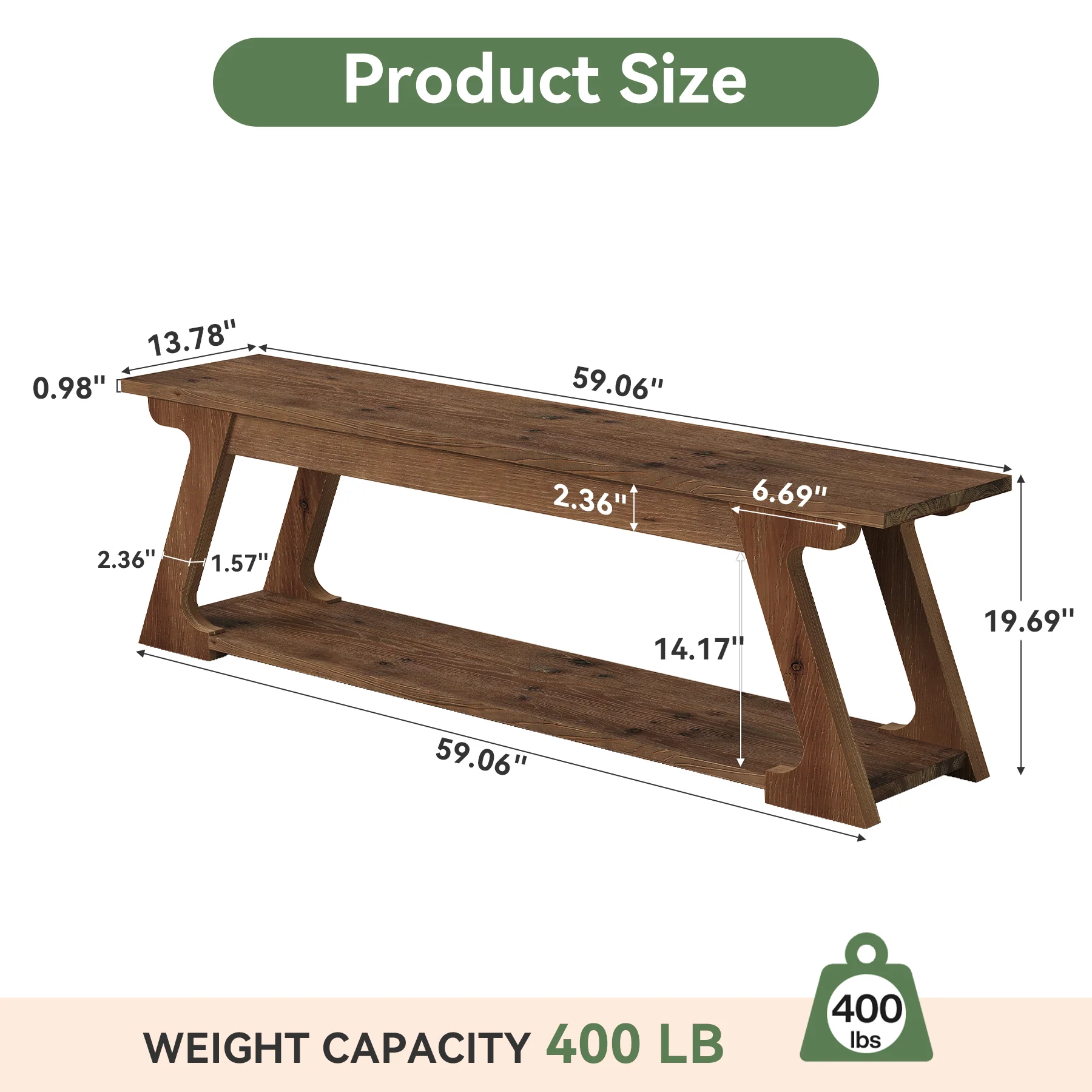 59" Solid Wood Dining Bench, Narrow Indoor Bench with Storage Shelf - Image 2