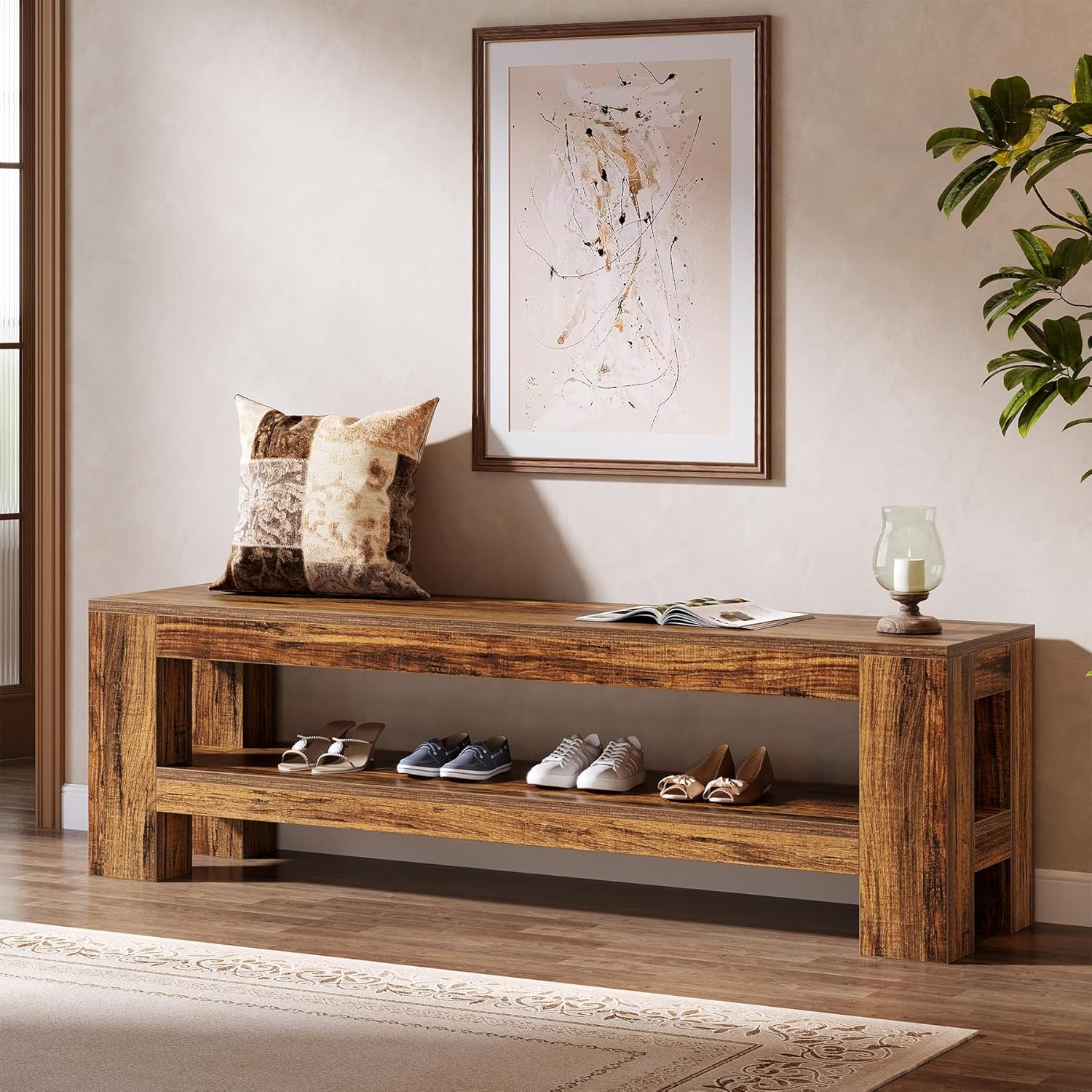 59" Farmhouse Entryway Bench, Wooden Shoe Bench End of Bed Bench with Shelf - Image 3