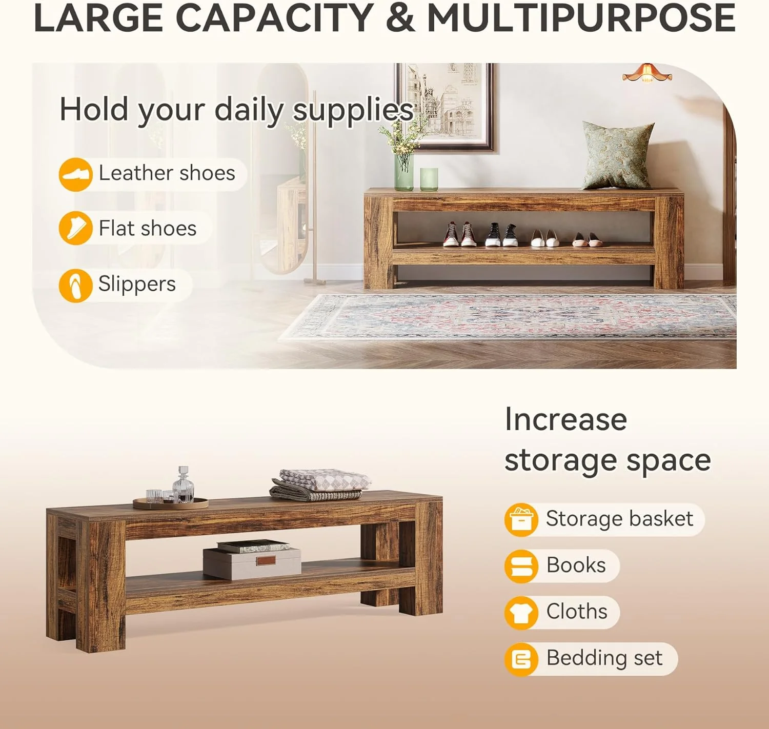 59" Farmhouse Entryway Bench, Wooden Shoe Bench End of Bed Bench with Shelf - Image 4