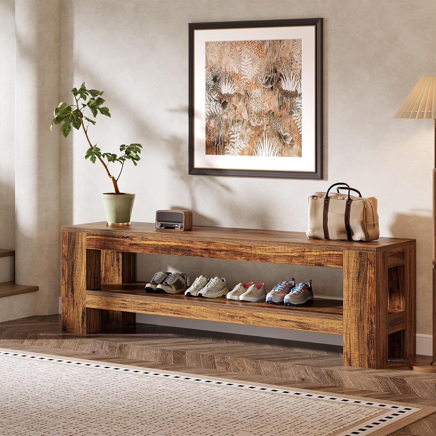 59" Farmhouse Entryway Bench, Wooden Shoe Bench End of Bed Bench with Shelf - Image 6