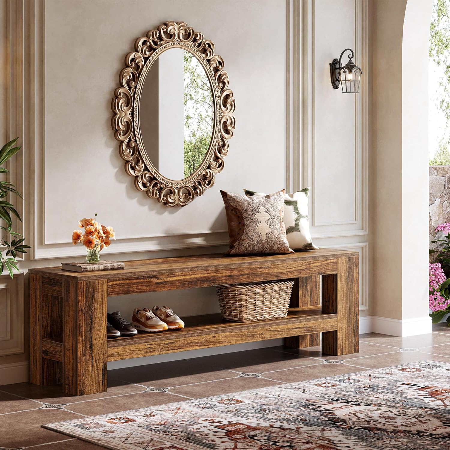 59" Farmhouse Entryway Bench, Wooden Shoe Bench End of Bed Bench with Shelf - Image 7