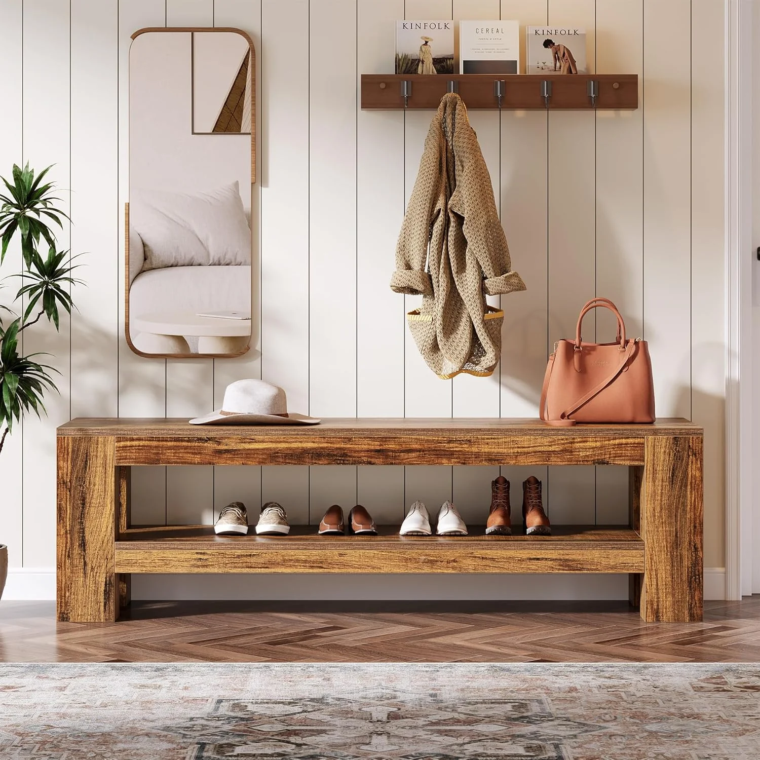 59" Farmhouse Entryway Bench, Wooden Shoe Bench End of Bed Bench with Shelf - Image 8