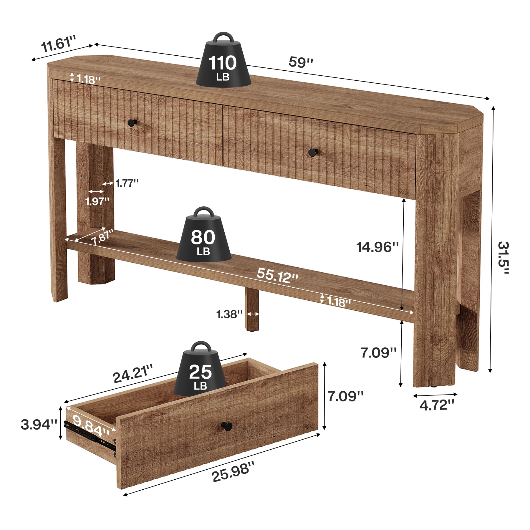 59" Narrow Console Table with 2 Drawers, Entryway Sofa Table with Storage Shelf for Hallway & Living Room - Image 2
