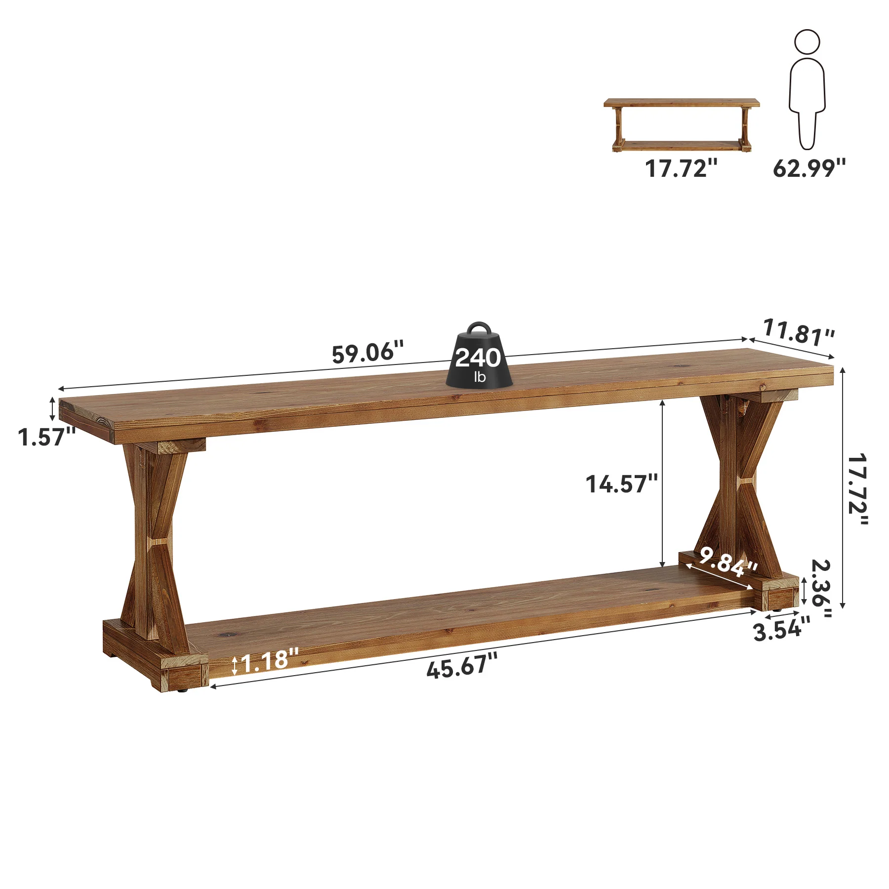 59" Solid Wood Dining Bench, 2-Tier Wooden Storage Bench for Dining Room - Image 2