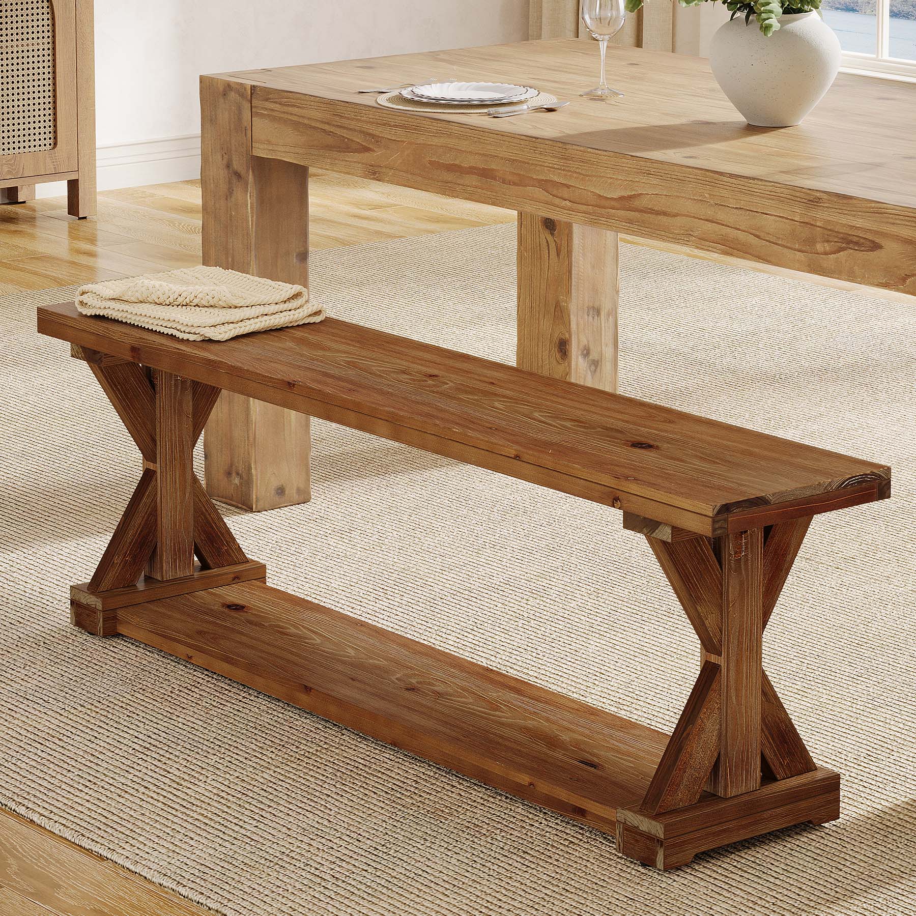 59" Solid Wood Dining Bench, 2-Tier Wooden Storage Bench for Dining Room - Image 3