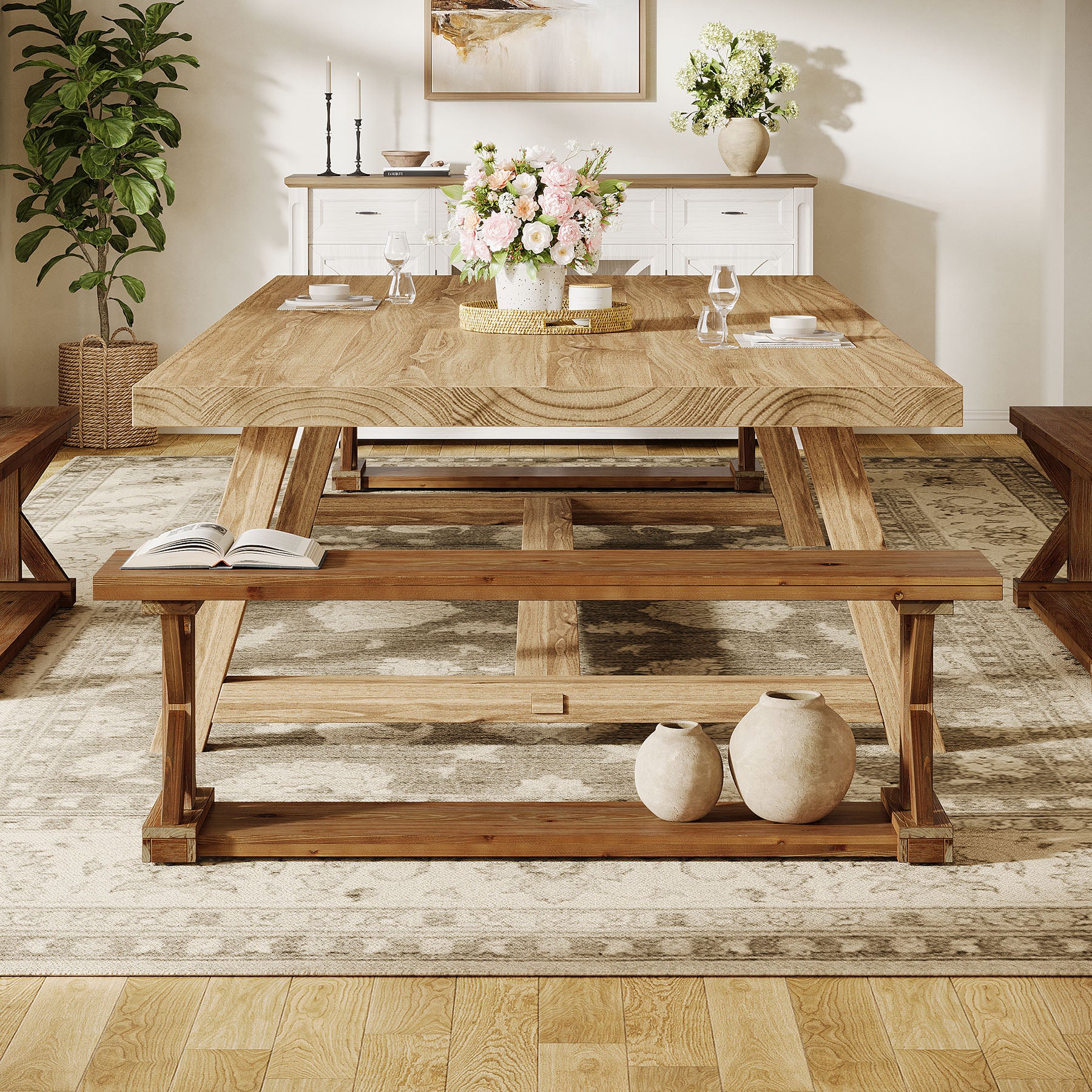 59" Solid Wood Dining Bench, 2-Tier Wooden Storage Bench for Dining Room - Image 4