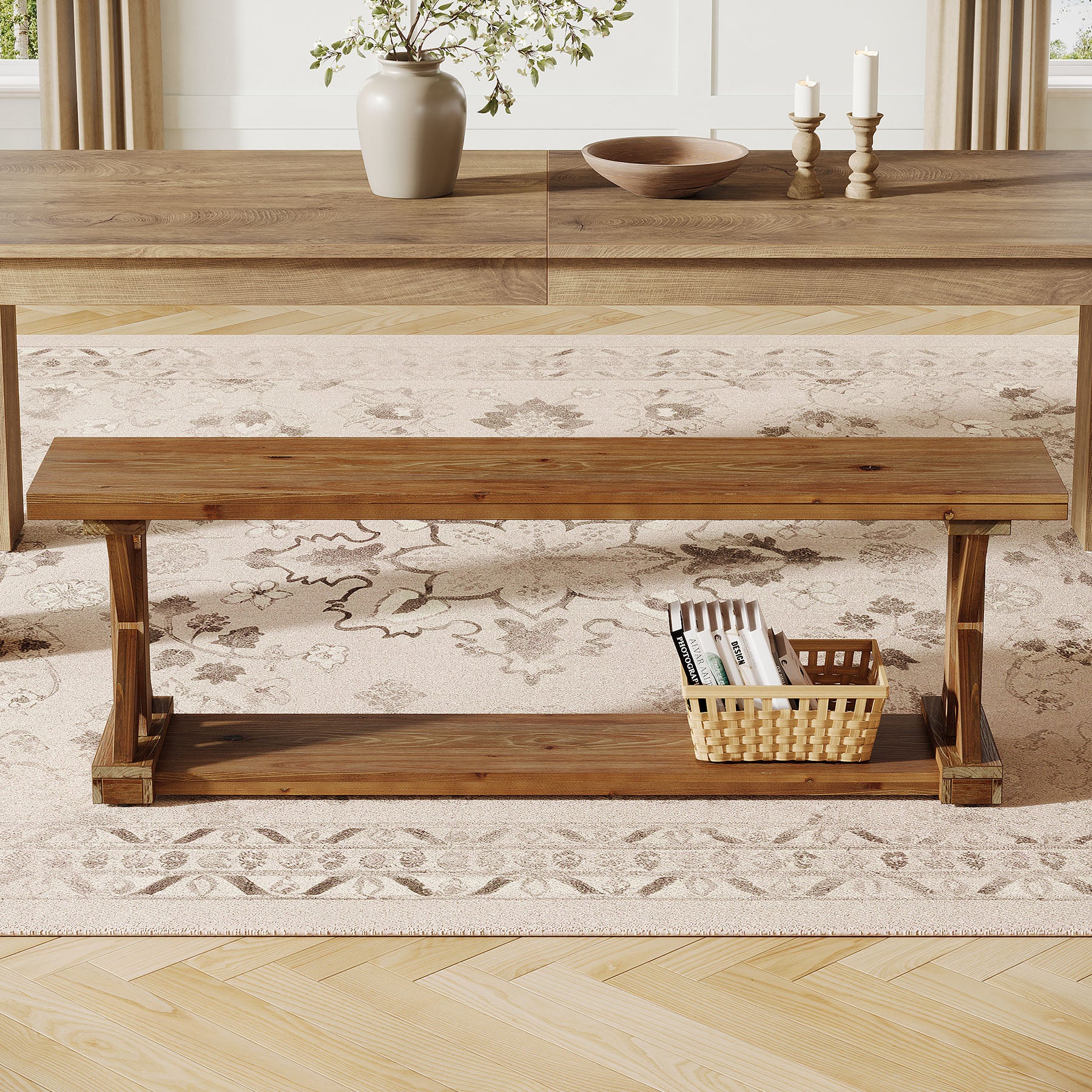 59" Solid Wood Dining Bench, 2-Tier Wooden Storage Bench for Dining Room - Image 5