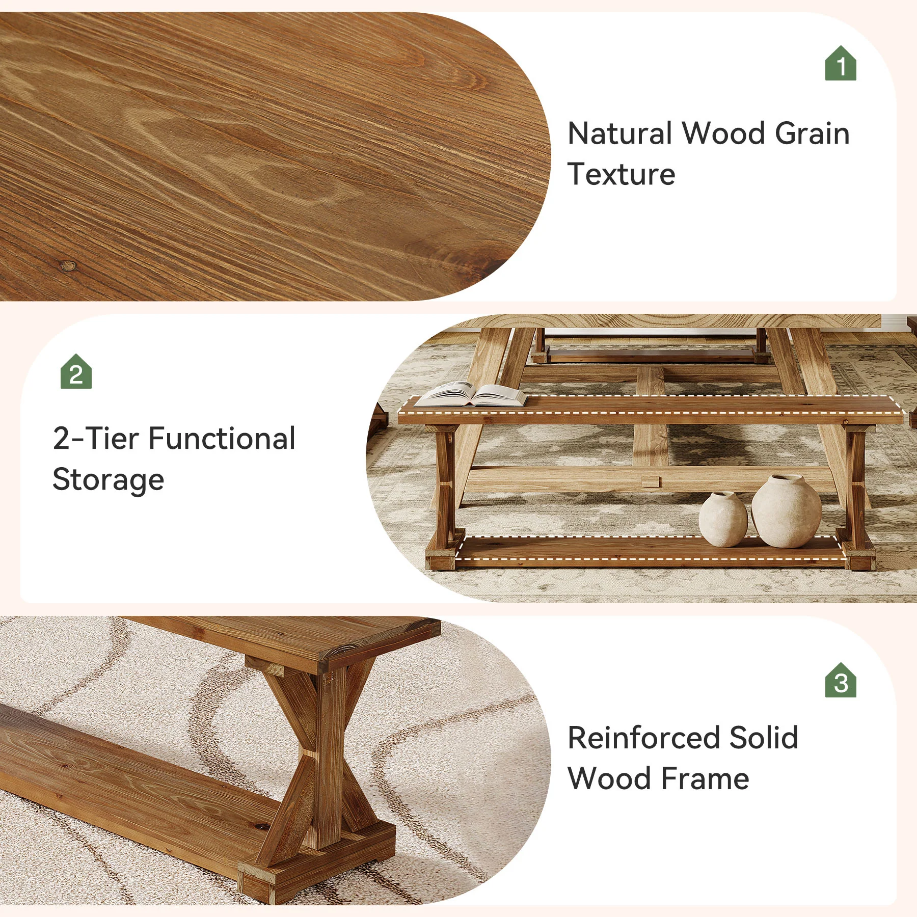 59" Solid Wood Dining Bench, 2-Tier Wooden Storage Bench for Dining Room - Image 7