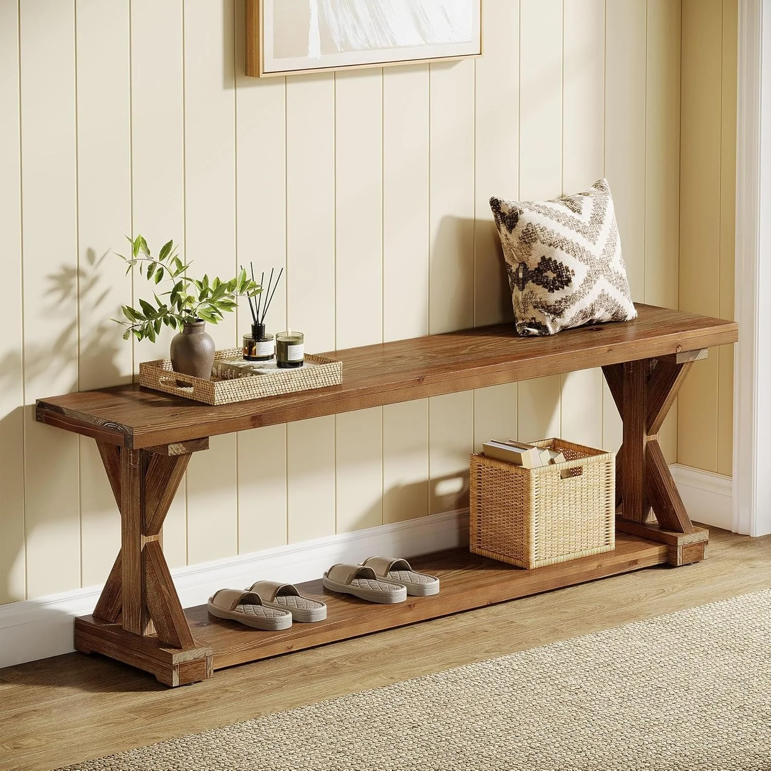 59" Solid Wood Entryway Bench, 2-Tier Foyer Shoe Bench with Open Shelf