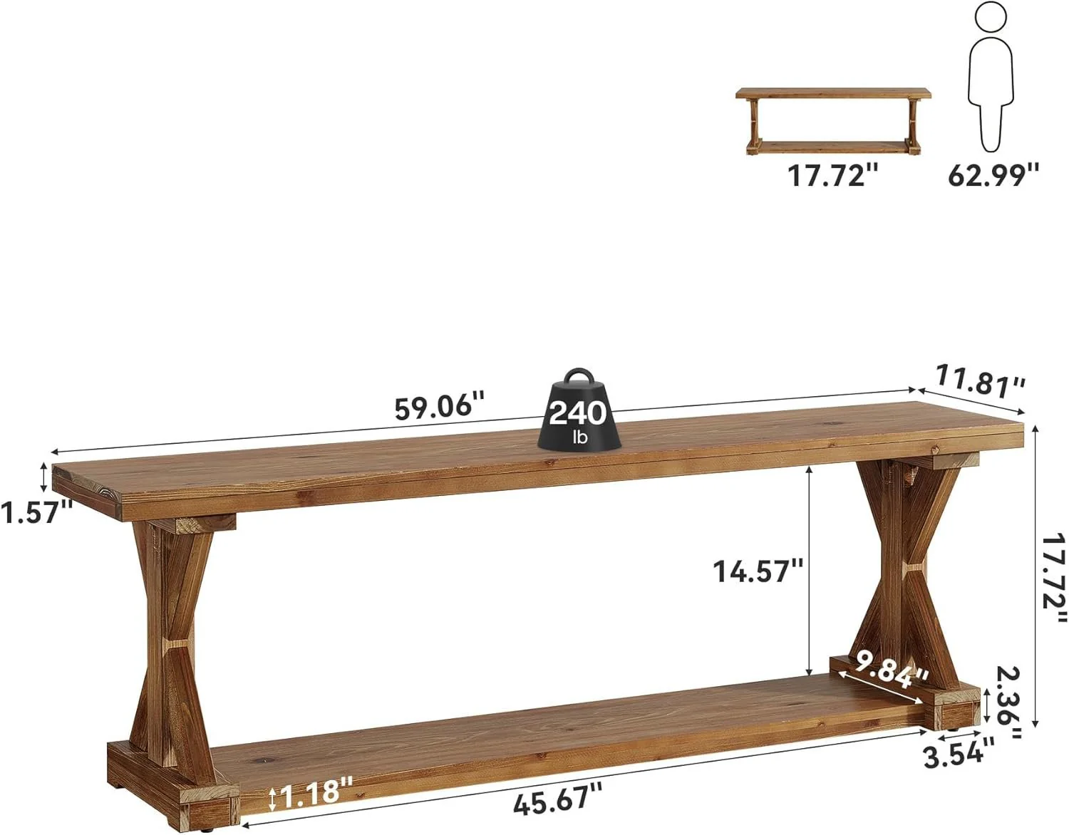 59" Solid Wood Entryway Bench, 2-Tier Foyer Shoe Bench with Open Shelf - Image 2