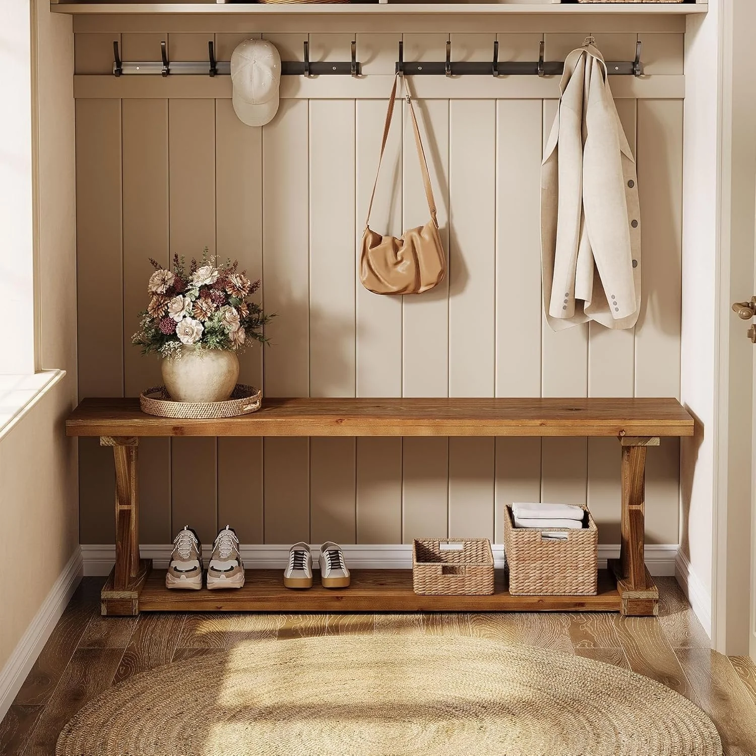 59" Solid Wood Entryway Bench, 2-Tier Foyer Shoe Bench with Open Shelf - Image 5