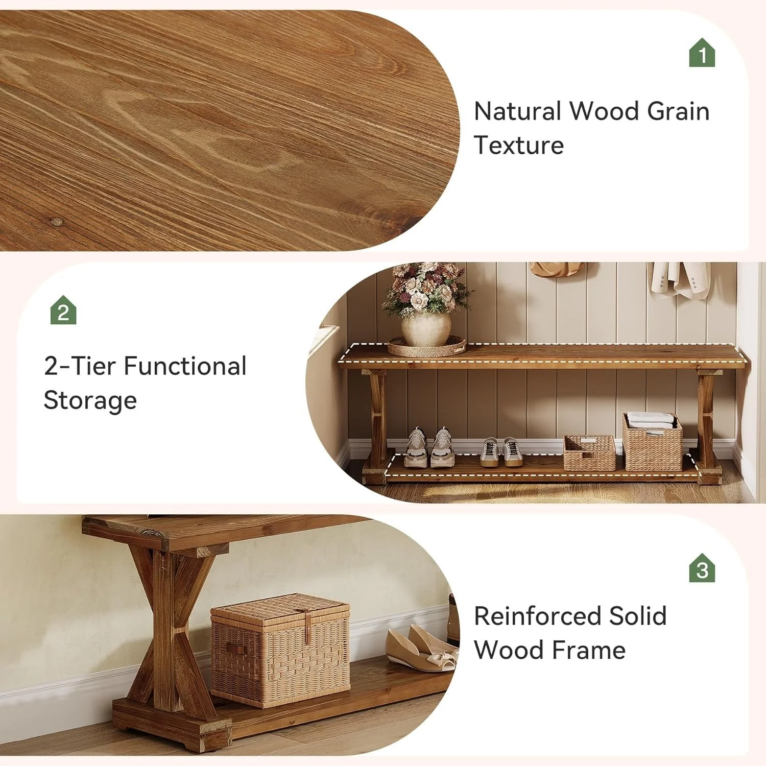 59" Solid Wood Entryway Bench, 2-Tier Foyer Shoe Bench with Open Shelf - Image 6