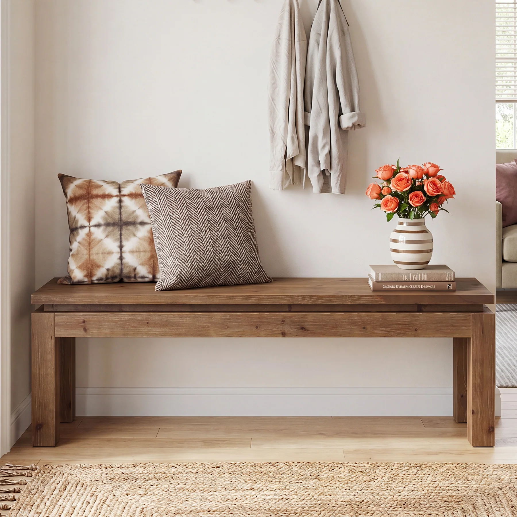 59" Solid Wood Entryway Bench, Farmhouse Shoe Bench Seat for Living Room - Image 4