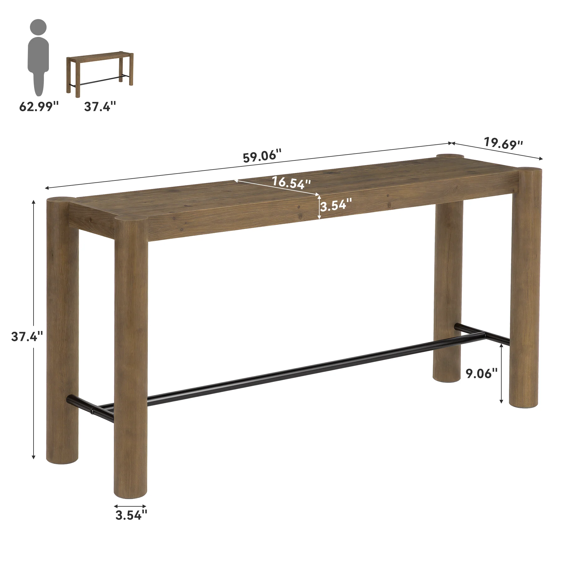 59" Wood Bar Table, Counter Height Dining Table with Metal Footrest for Kitchen (Only table) - Image 2