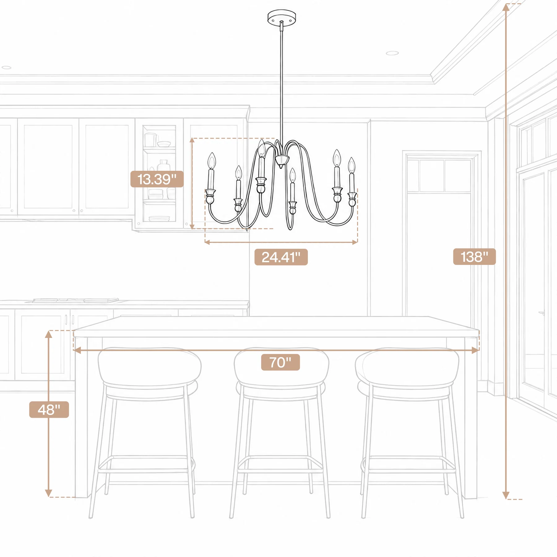 6-Light Chandelier, Modern Adjustable Ceiling Pendant Light Fixture with U-Shaped Arms - Image 10