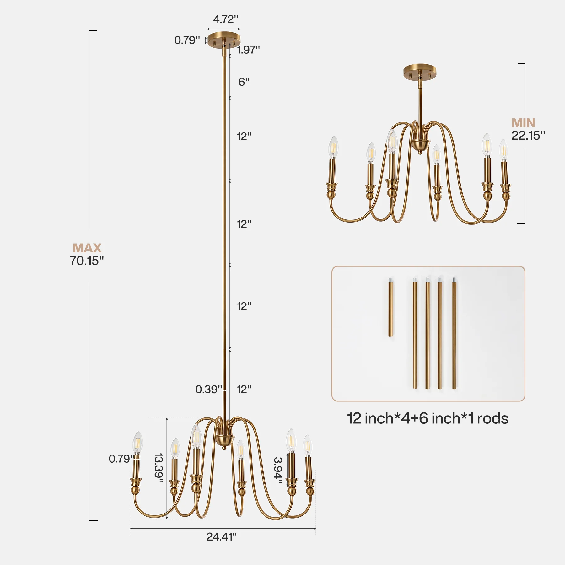 6-Light Chandelier, Modern Adjustable Ceiling Pendant Light Fixture with U-Shaped Arms - Image 2