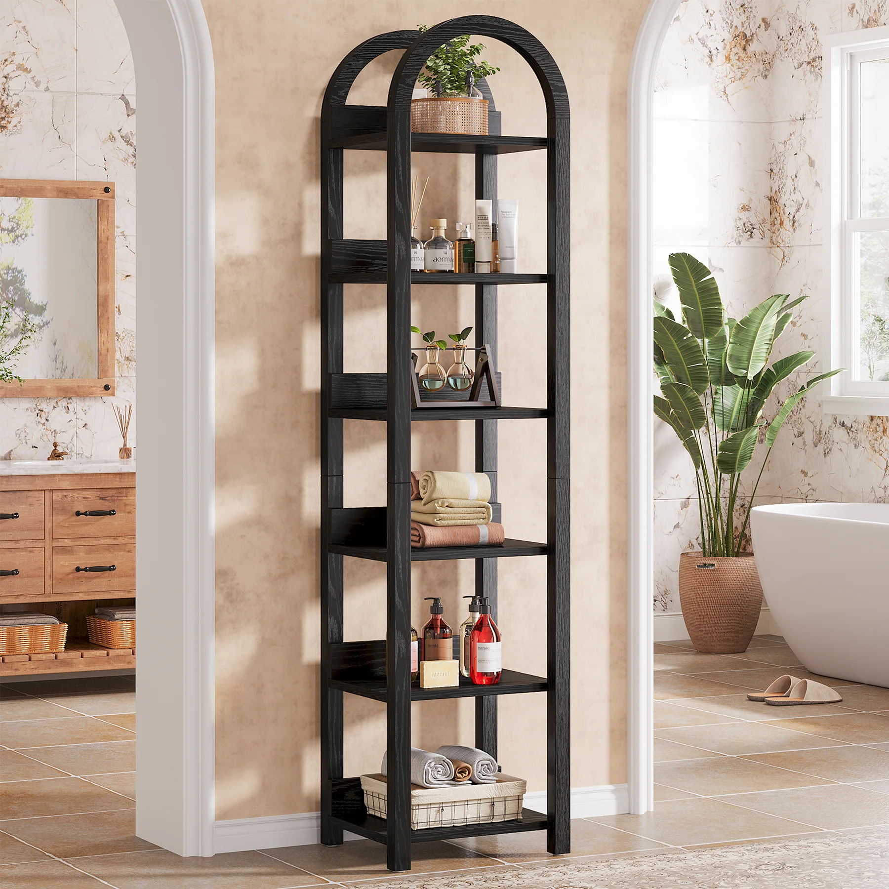 71" Tall and Narrow Bookshelf, 6-Tier Arched Bookcase Open Storage Rack - Image 11