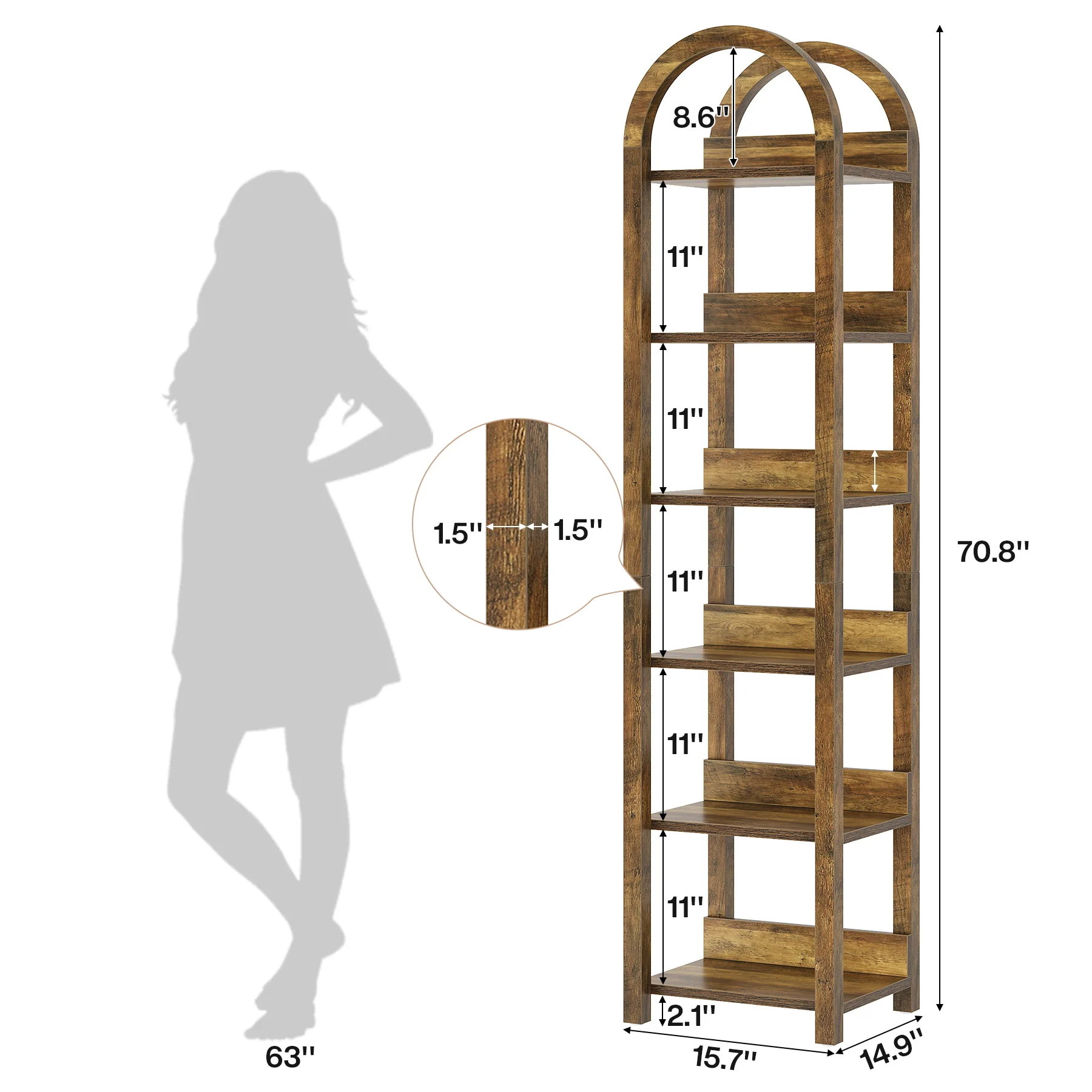 71" Tall and Narrow Bookshelf, 6-Tier Arched Bookcase Open Storage Rack - Image 2