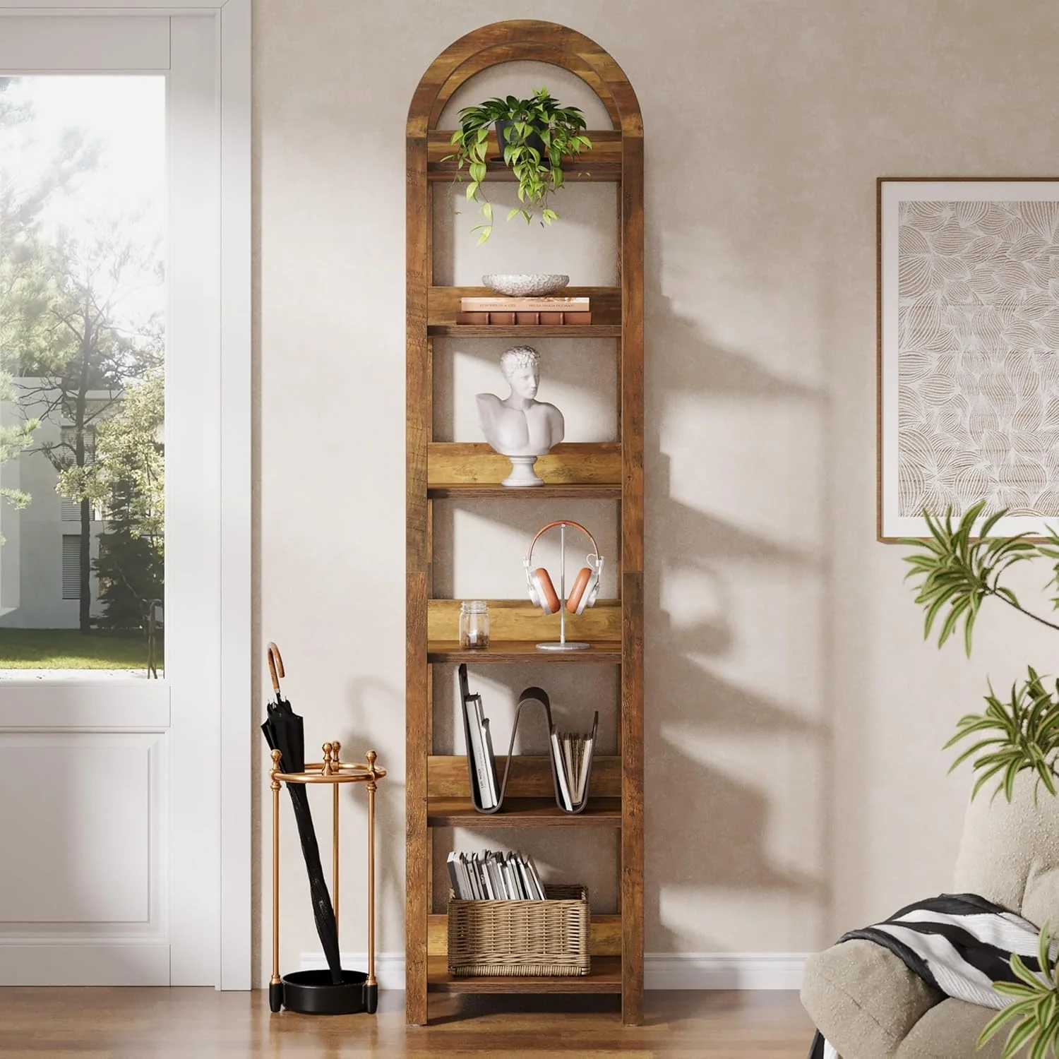 71" Tall and Narrow Bookshelf, 6-Tier Arched Bookcase Open Storage Rack - Image 3