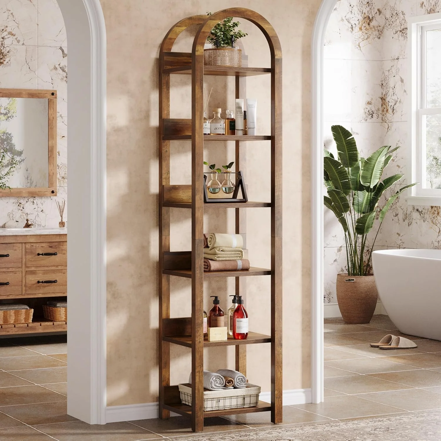 71" Tall and Narrow Bookshelf, 6-Tier Arched Bookcase Open Storage Rack - Image 5