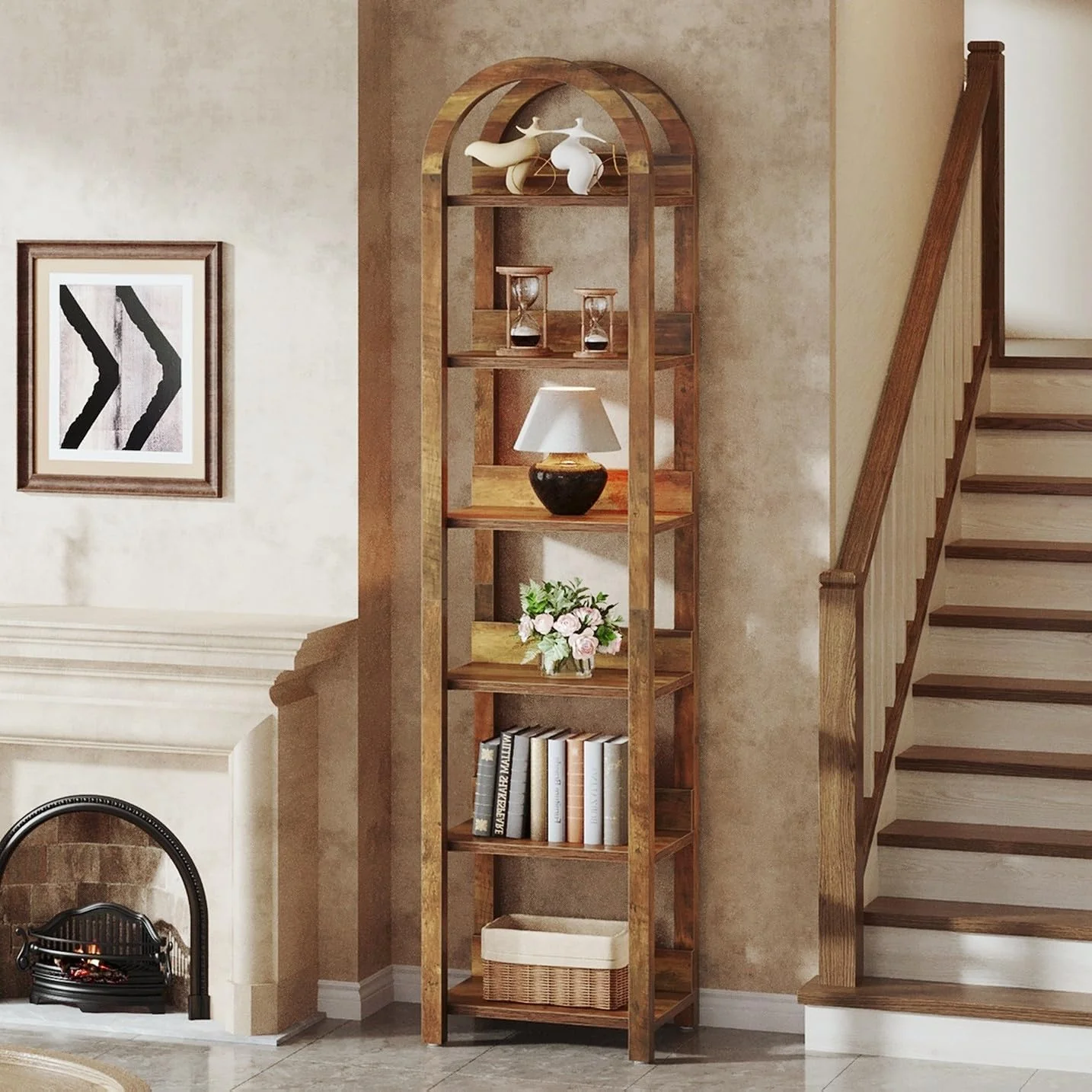 71" Tall and Narrow Bookshelf, 6-Tier Arched Bookcase Open Storage Rack - Image 8
