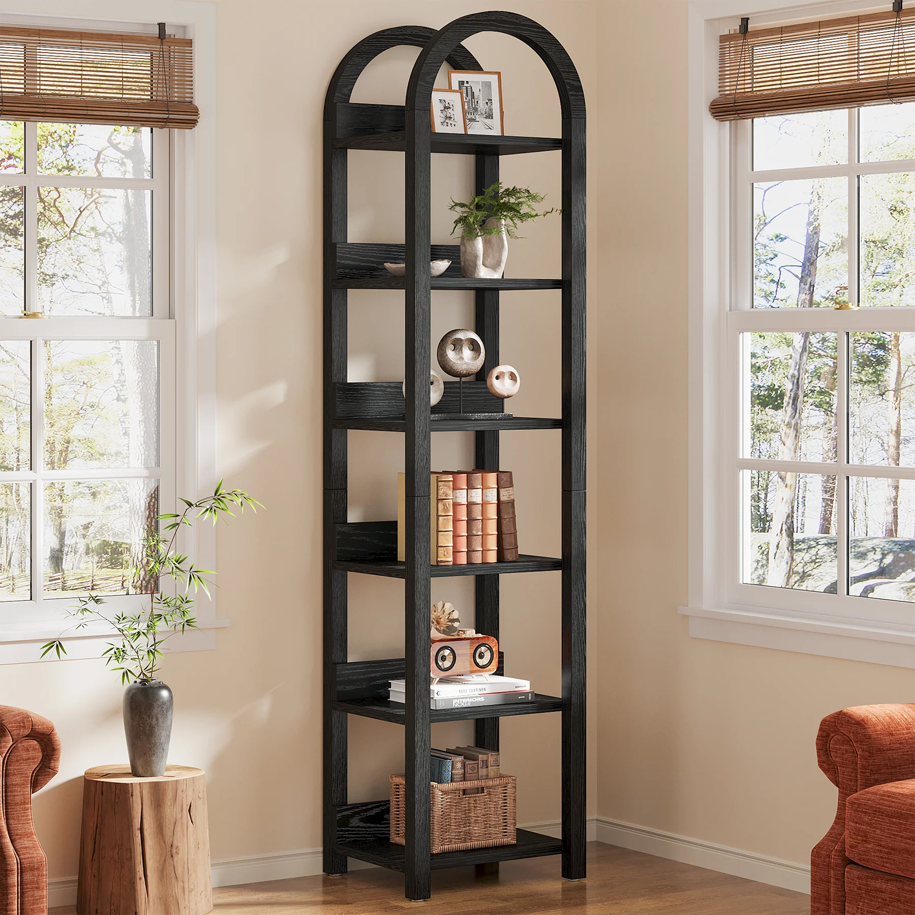 71" Tall and Narrow Bookshelf, 6-Tier Arched Bookcase Open Storage Rack - Image 9