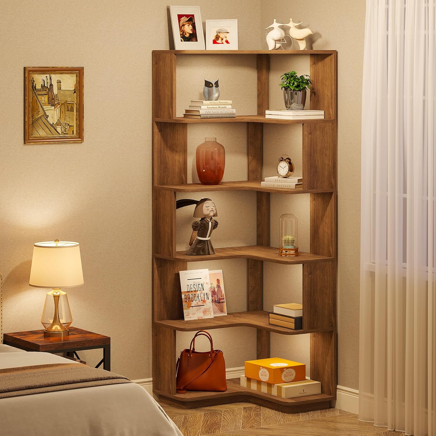 65" Tall L-Shaped Bookshelf, 6-Tier Corner Bookcase Display Rack with Anti-Drop Panel - Image 5