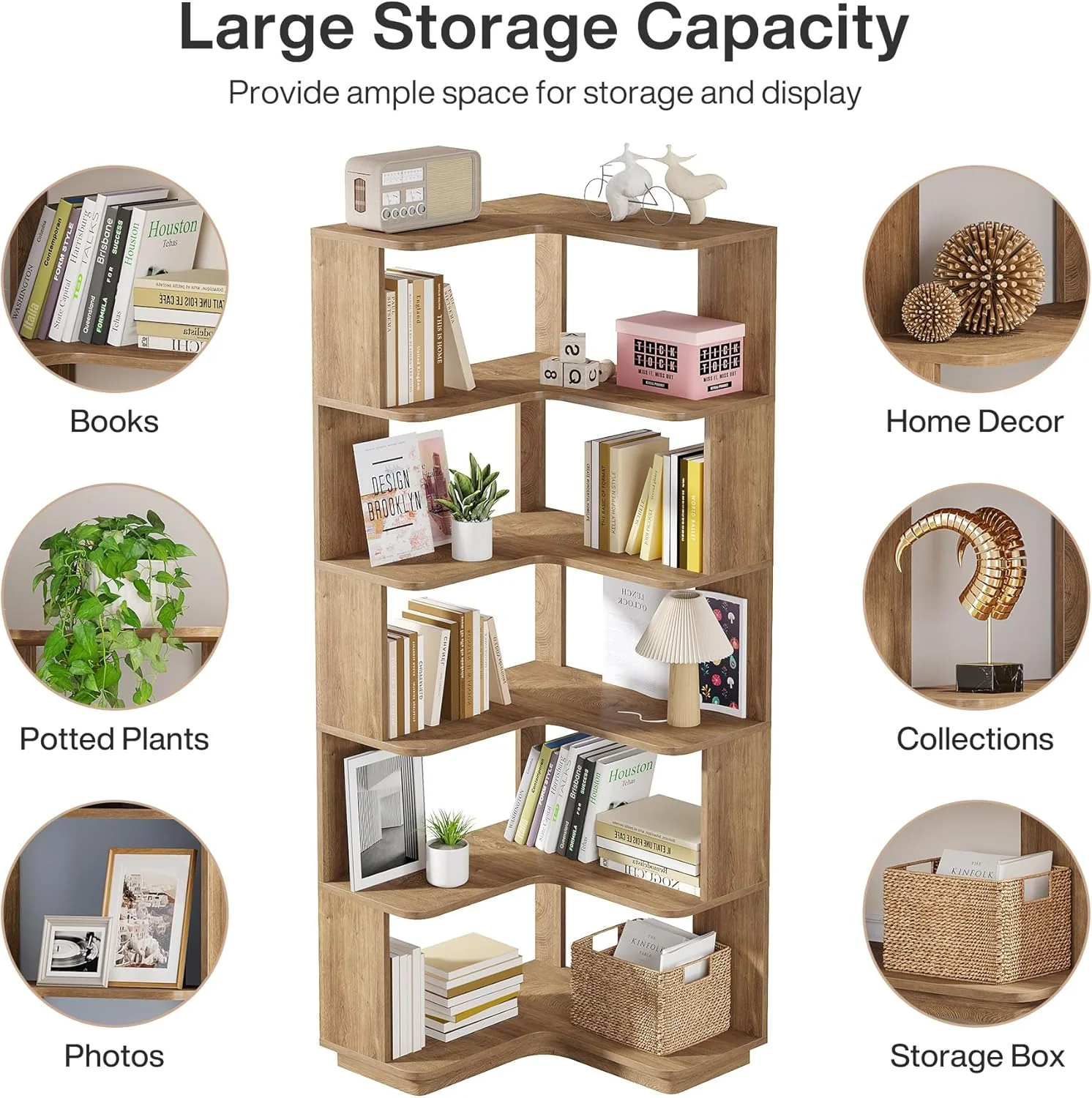 65" Tall L-Shaped Bookshelf, 6-Tier Corner Bookcase Display Rack with Anti-Drop Panel - Image 6