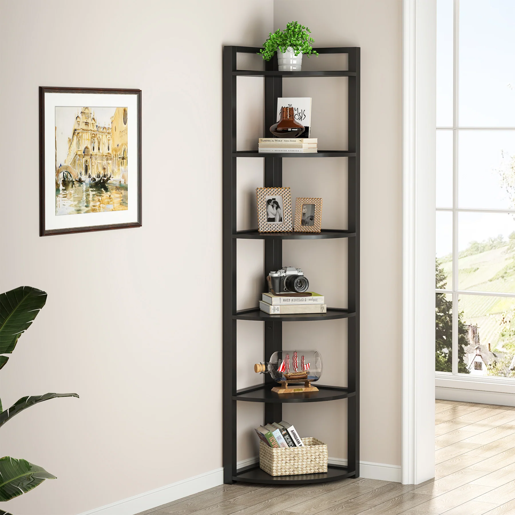 6-Tier Corner Shelf, 70.9 Inch Tall Corner Bookshelf Small Bookcase Rustic Corner Shelving Unit Storage Rack - Image 10