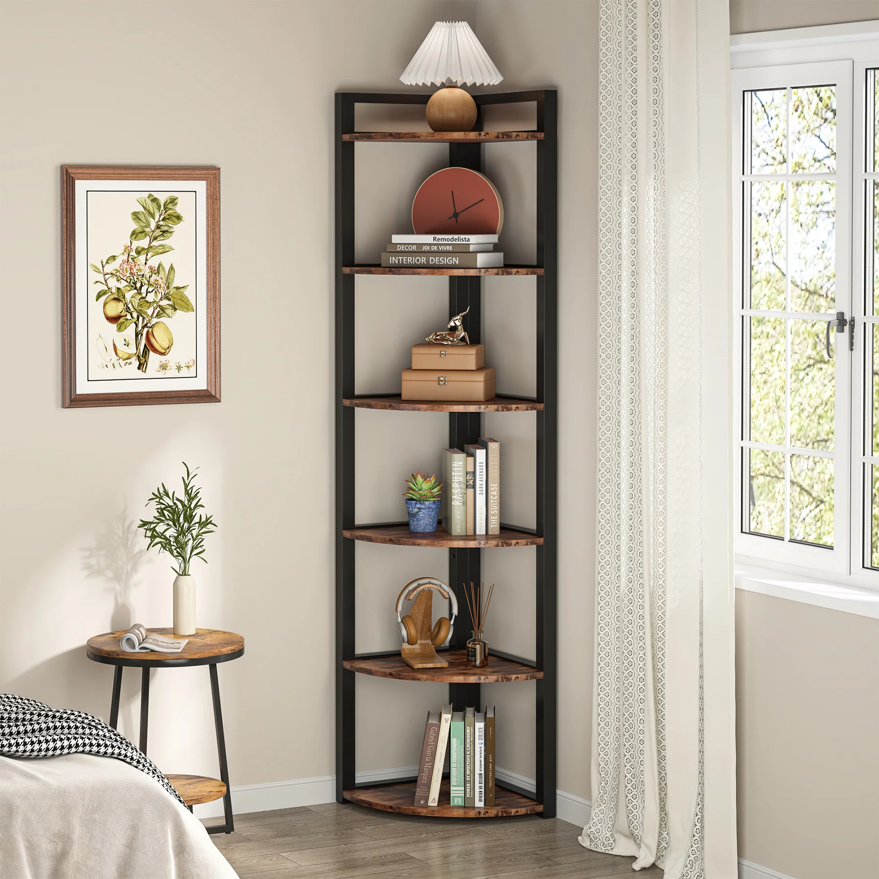 6-Tier Corner Shelf, 70.9 Inch Tall Corner Bookshelf Small Bookcase Rustic Corner Shelving Unit Storage Rack - Image 4