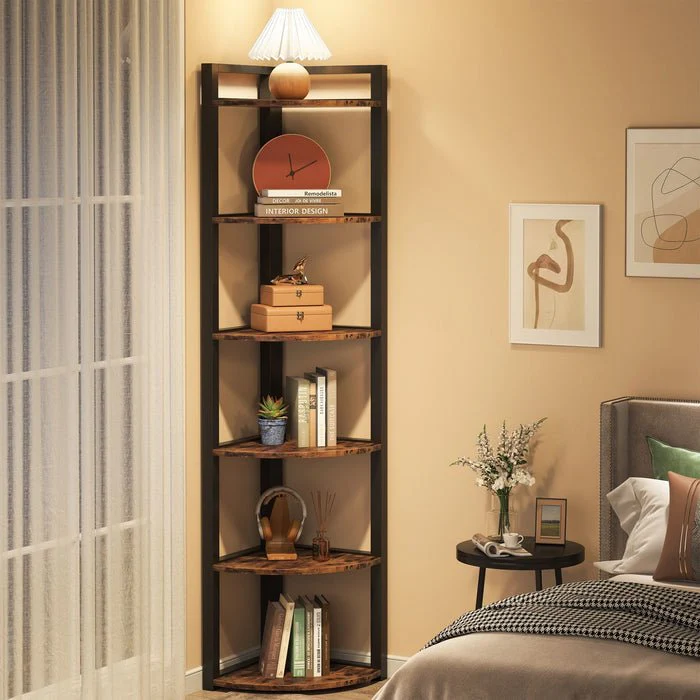 6-Tier Corner Shelf, 70.9 Inch Tall Corner Bookshelf Small Bookcase Rustic Corner Shelving Unit Storage Rack - Image 5