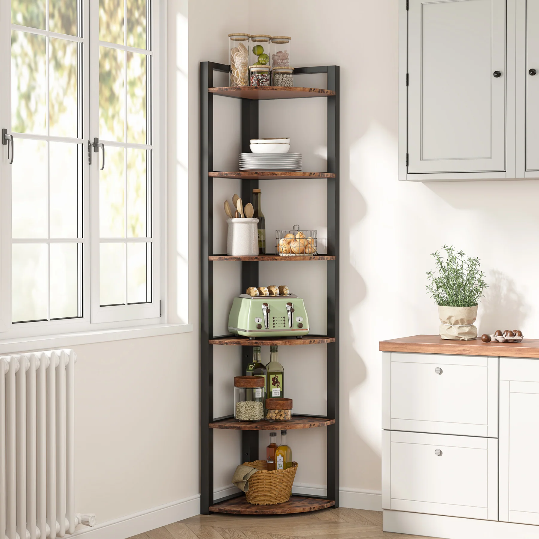 6-Tier Corner Shelf, 70.9 Inch Tall Corner Bookshelf Small Bookcase Rustic Corner Shelving Unit Storage Rack - Image 6