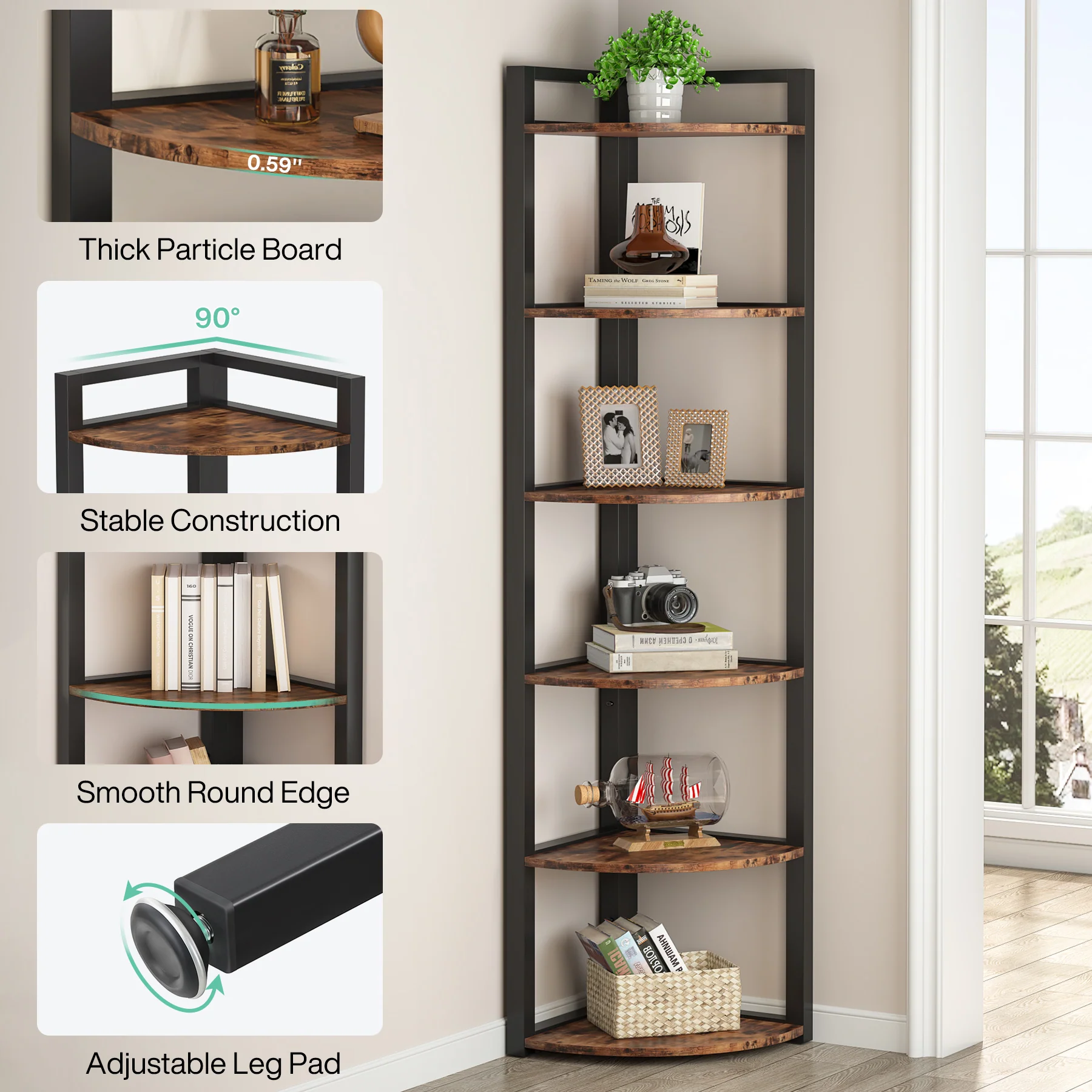6-Tier Corner Shelf, 70.9 Inch Tall Corner Bookshelf Small Bookcase Rustic Corner Shelving Unit Storage Rack - Image 7