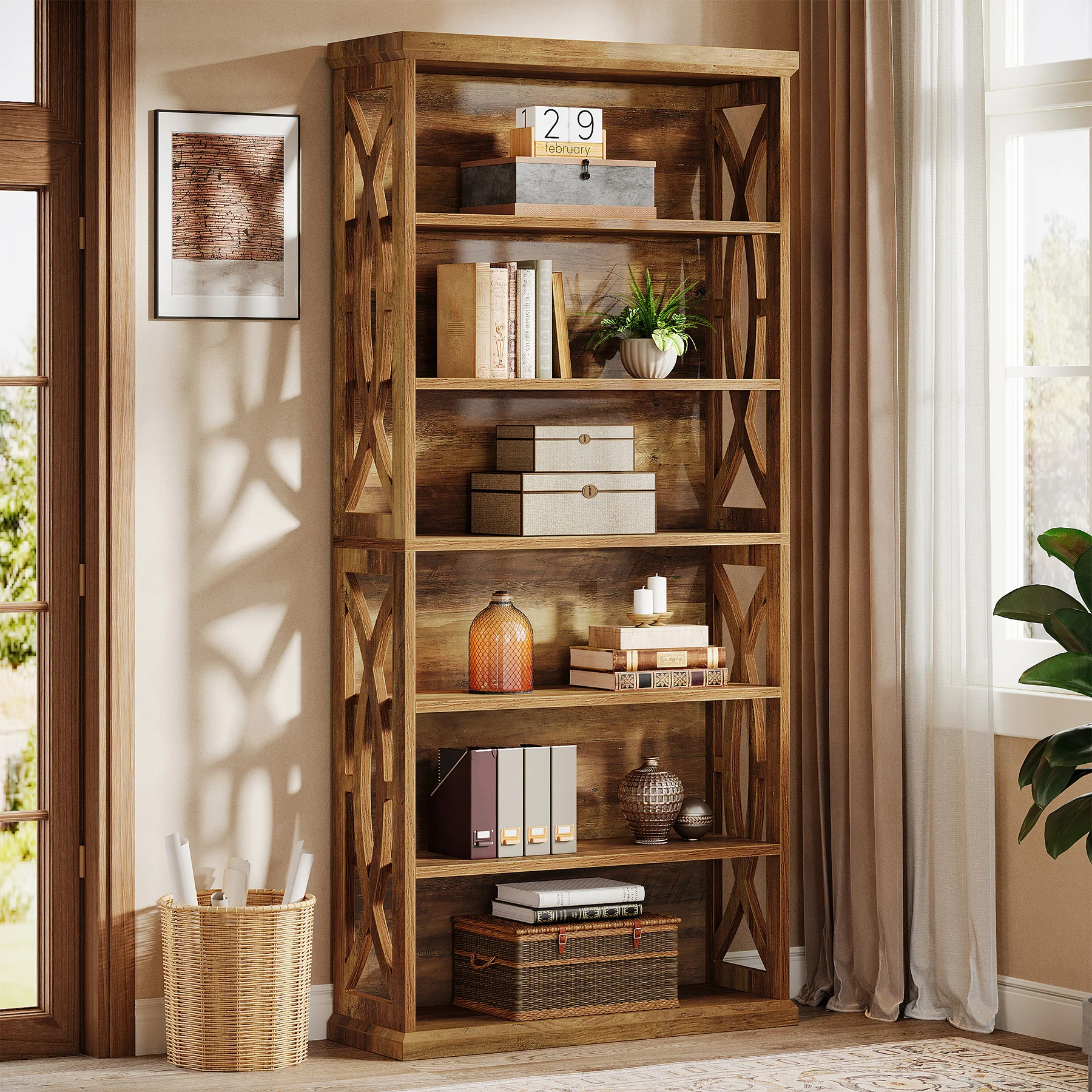 71" Wooden Bookshelf, 6-Tier Freestanding Bookcase Display Shelves - Image 3