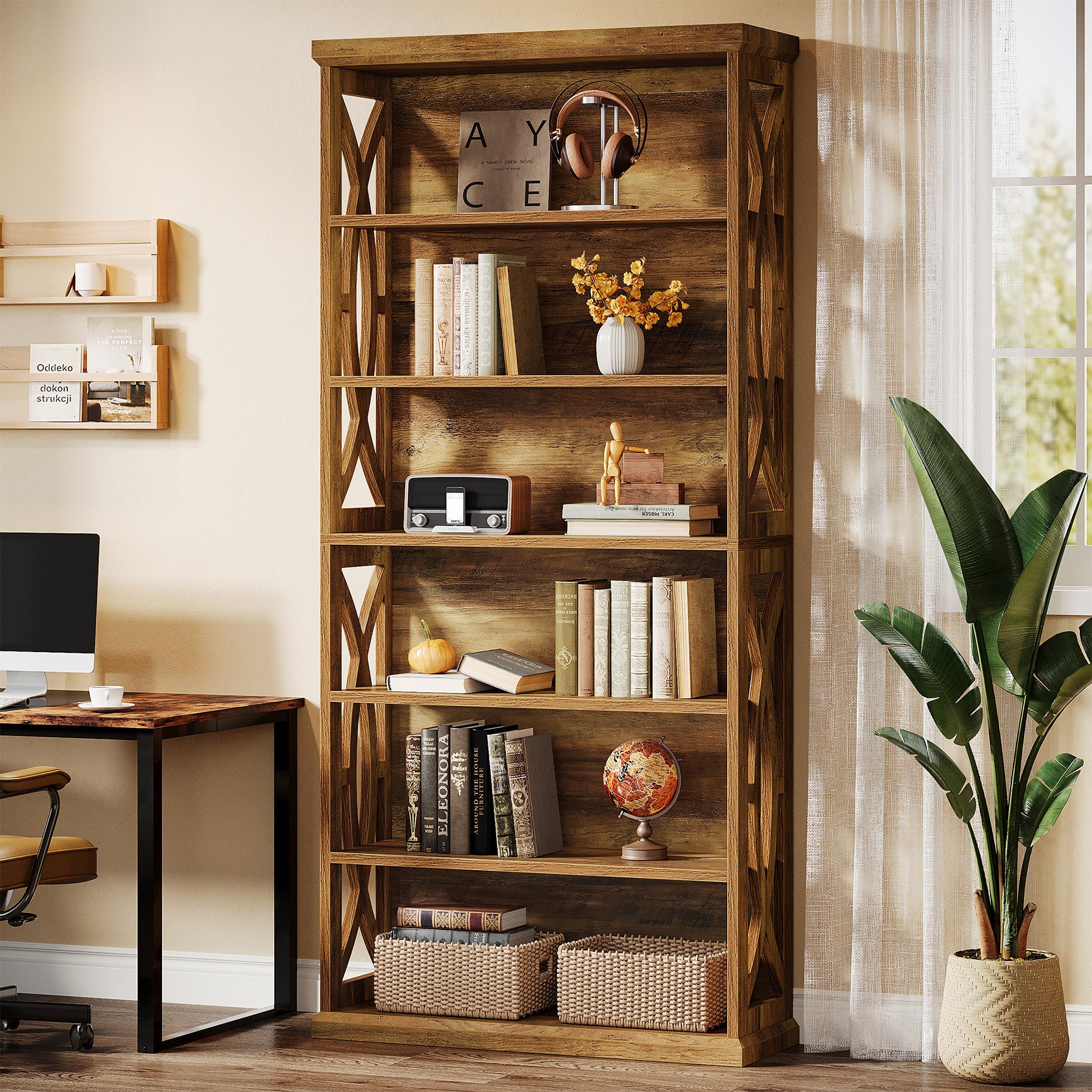 71" Wooden Bookshelf, 6-Tier Freestanding Bookcase Display Shelves - Image 4