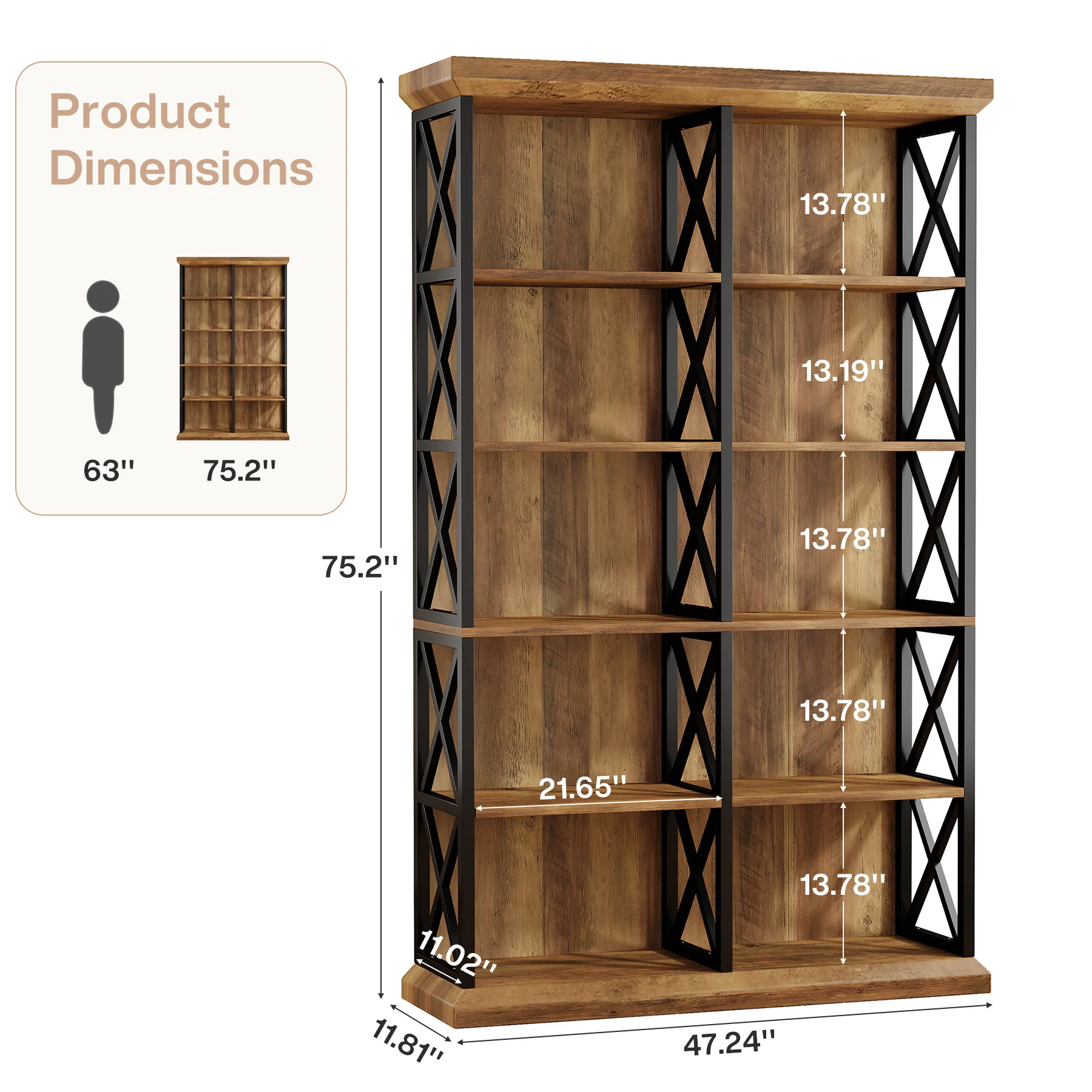 75" Tall Bookcase, 6-Tier Industrial Bookshelf Display Storage Etagere for Home Office - Image 2