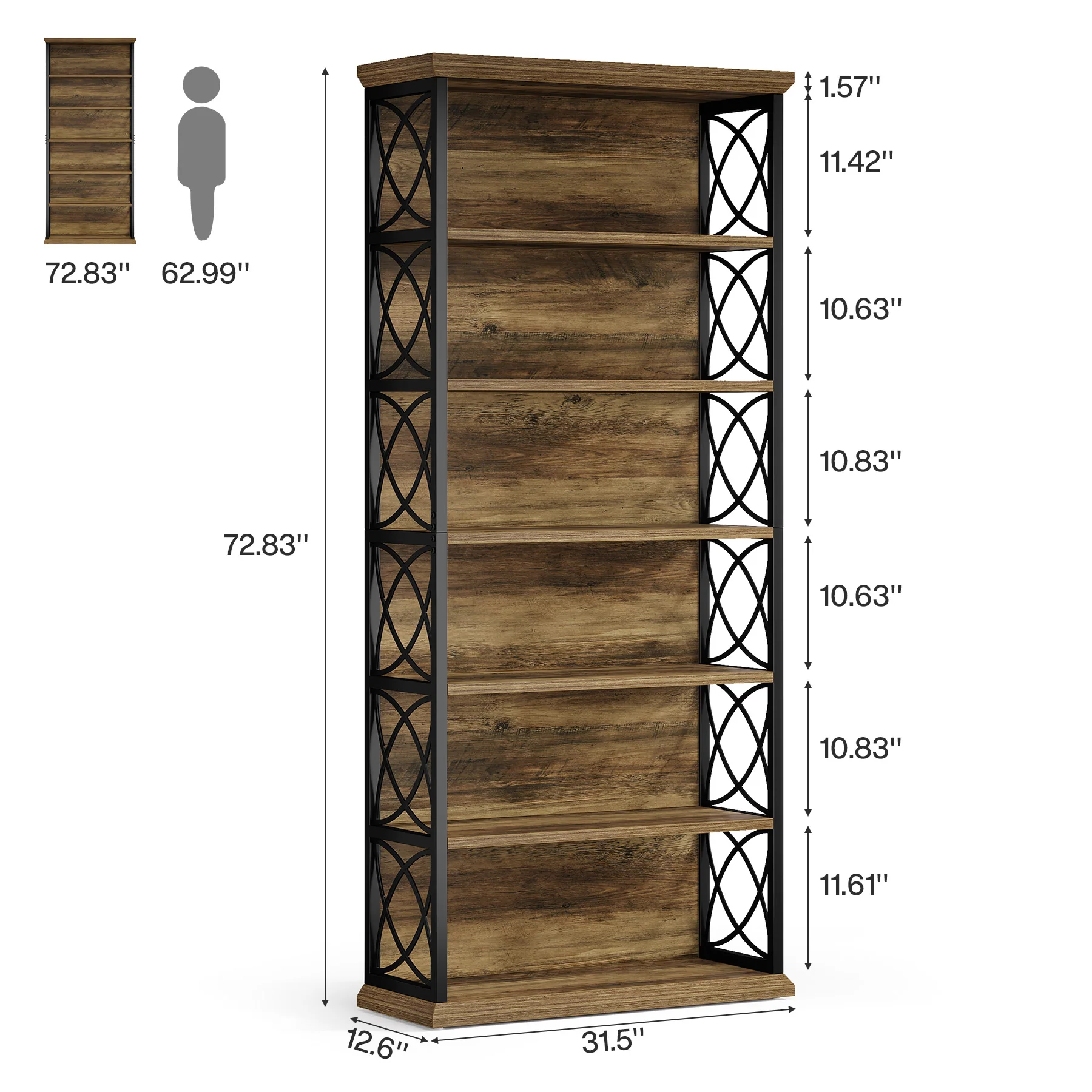 72" Tall Bookshelf, 6-Tier Industrial Etagere Bookcase with Open Storage Shelves - Image 2