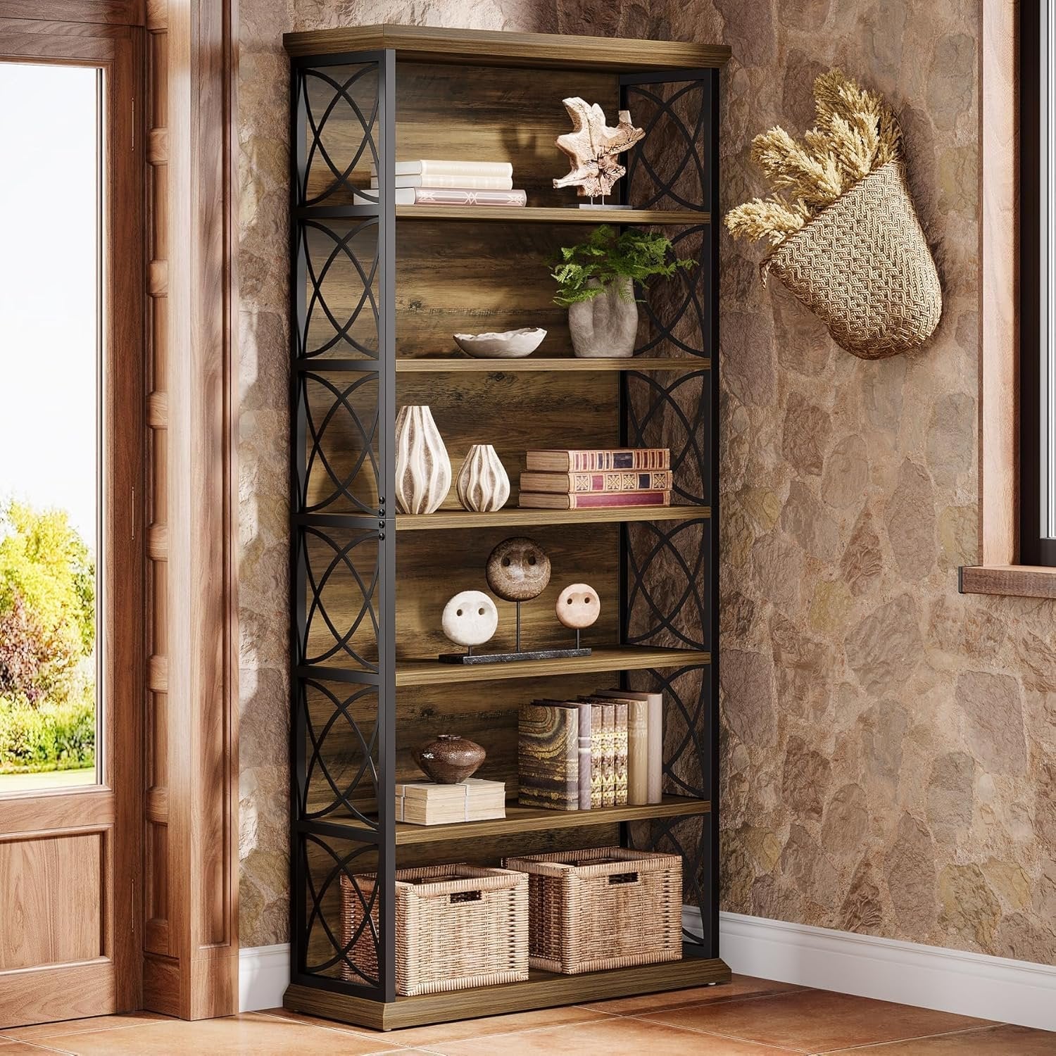 72" Tall Bookshelf, 6-Tier Industrial Etagere Bookcase with Open Storage Shelves - Image 3