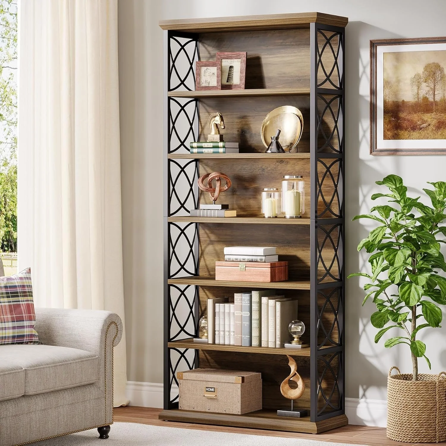 72" Tall Bookshelf, 6-Tier Industrial Etagere Bookcase with Open Storage Shelves - Image 4