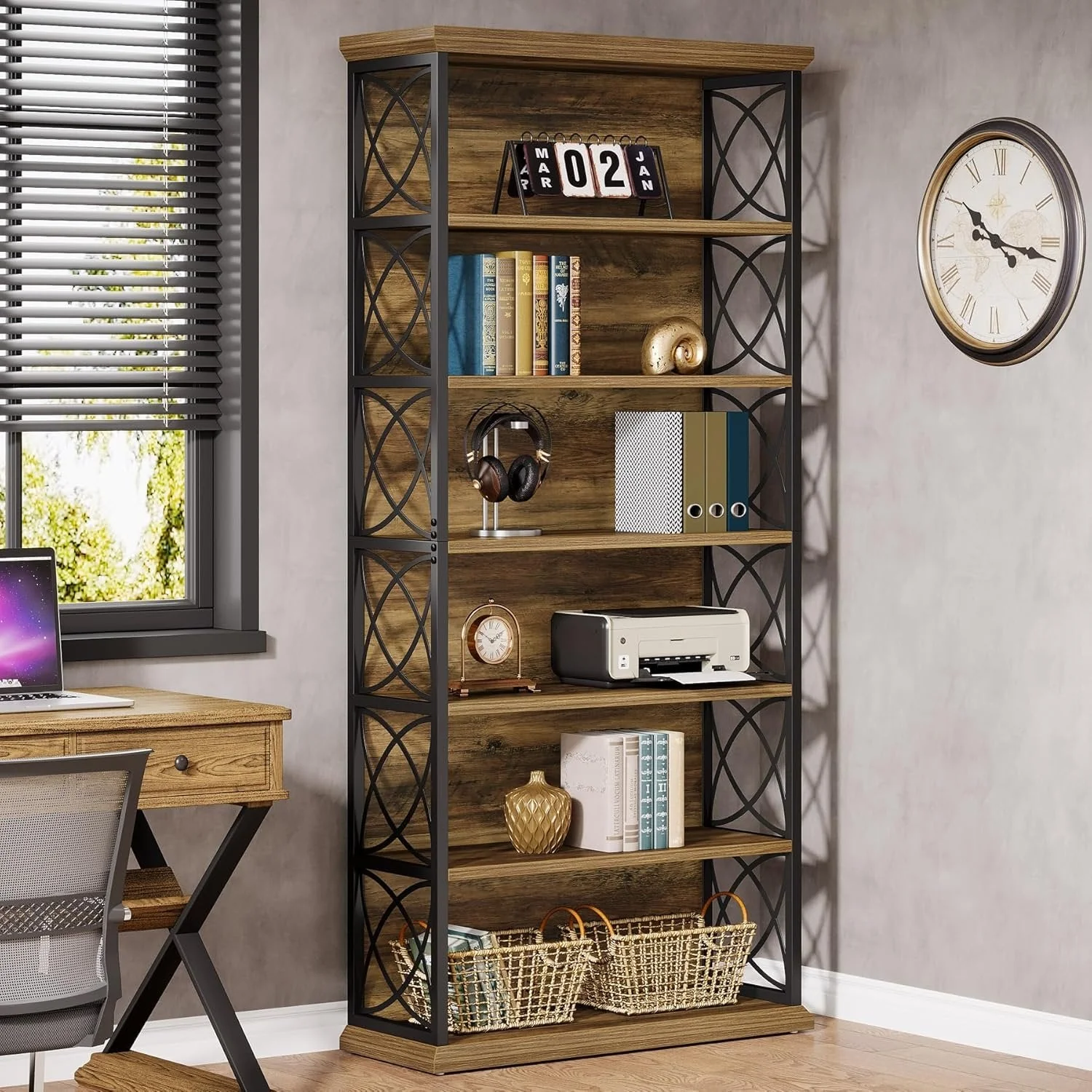 72" Tall Bookshelf, 6-Tier Industrial Etagere Bookcase with Open Storage Shelves - Image 5