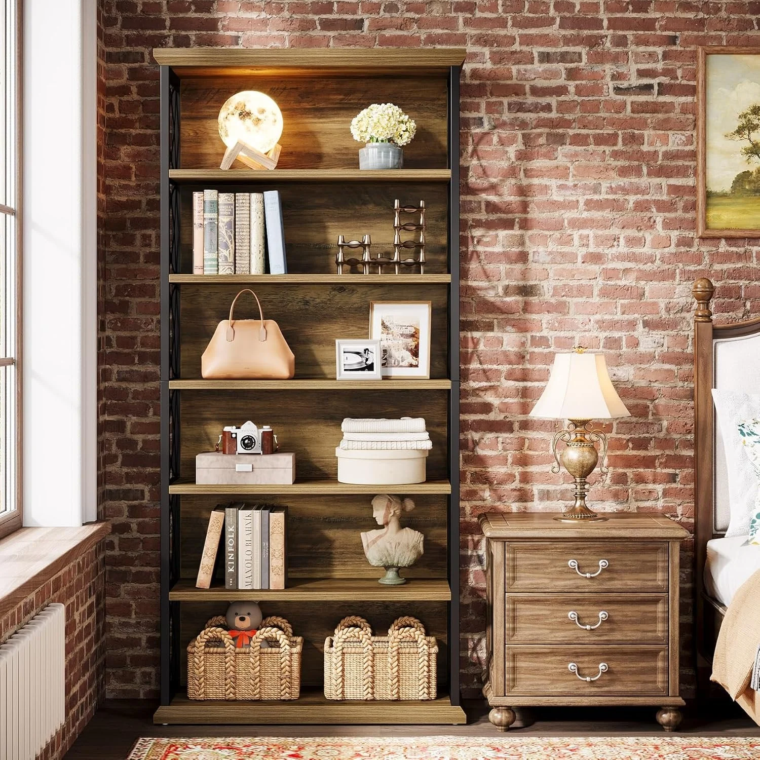 72" Tall Bookshelf, 6-Tier Industrial Etagere Bookcase with Open Storage Shelves - Image 8