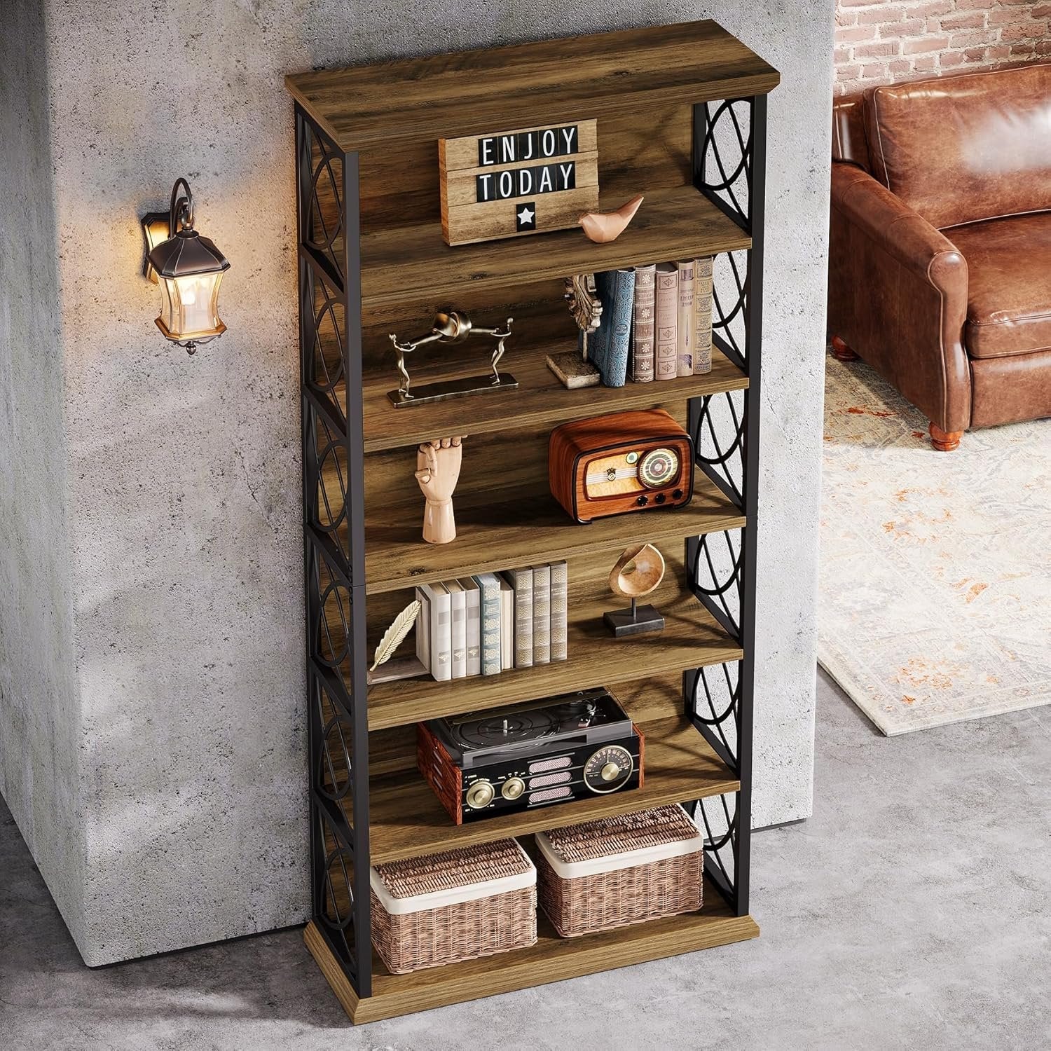 72" Tall Bookshelf, 6-Tier Industrial Etagere Bookcase with Open Storage Shelves - Image 9