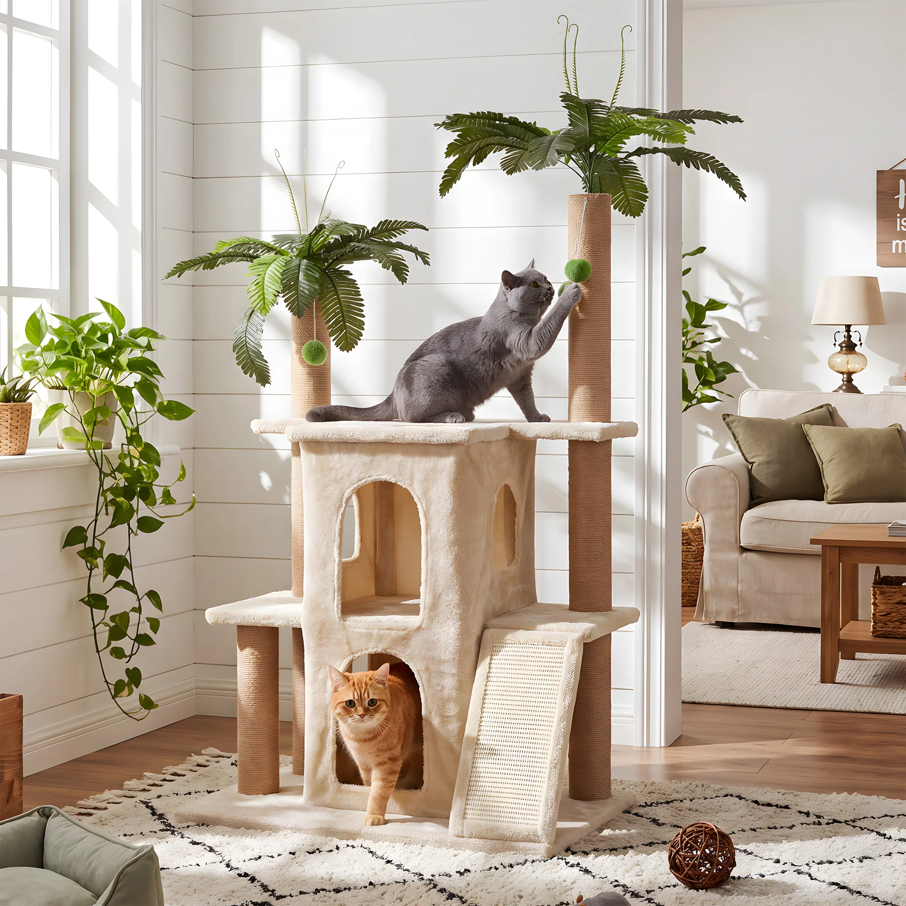 61" Tropical Palm Cat Tree Tower, Large Perch Platform for Indoor Cats - Image 3