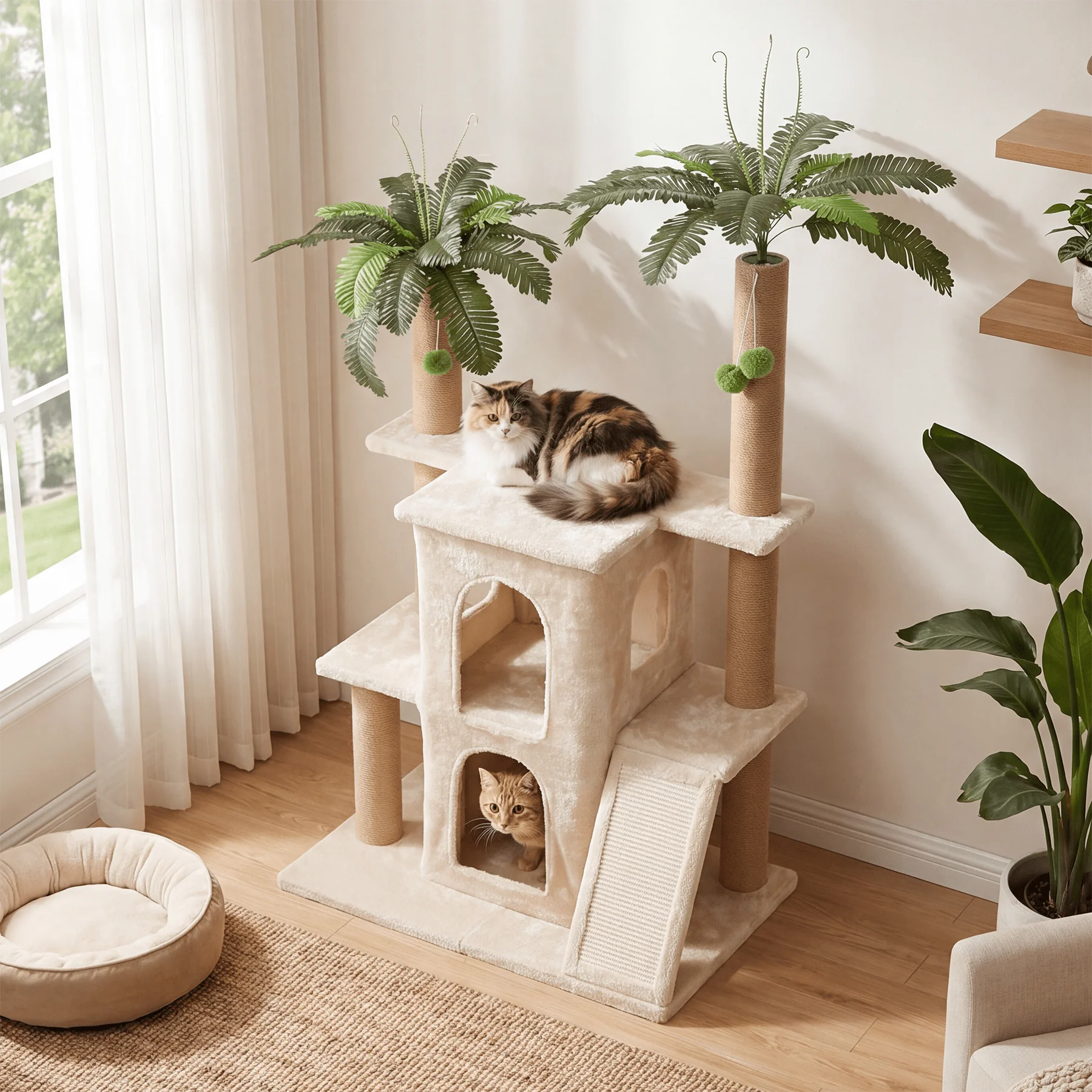 61" Tropical Palm Cat Tree Tower, Large Perch Platform for Indoor Cats - Image 4